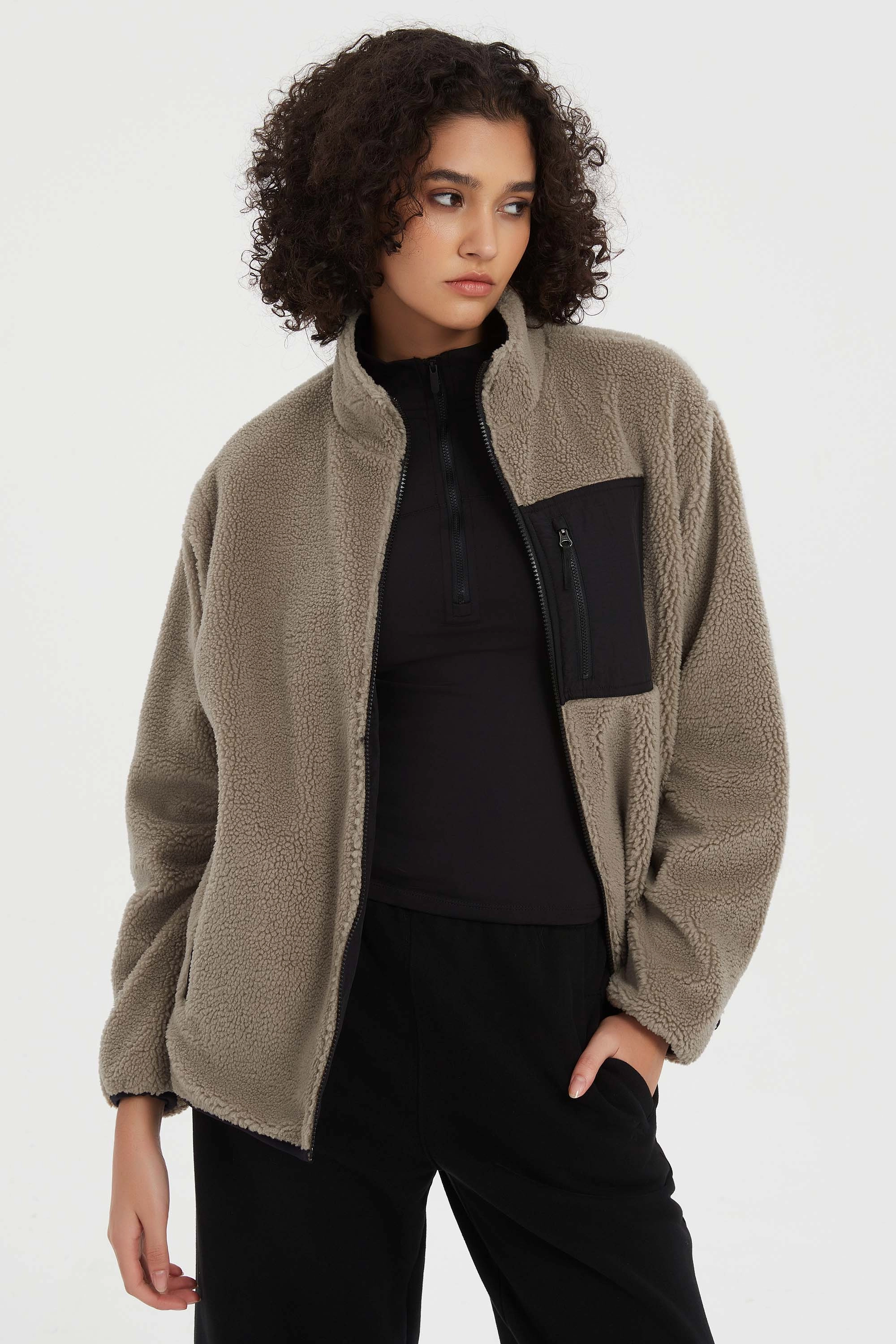 Reversible Fleece Jackets Full Zip Long Sleeve Double Layered Collar Hooded Attachment