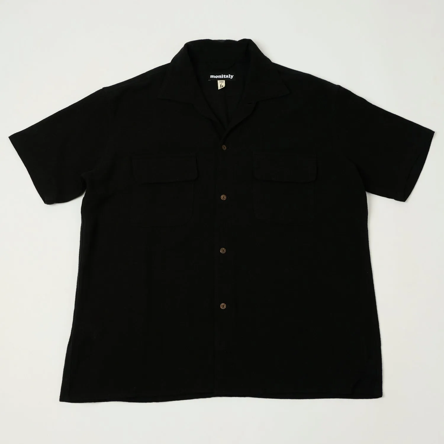 Monitaly 'Milano' 1950s Camp Collar Shirt - Tropical Black Non Restrictive Fit