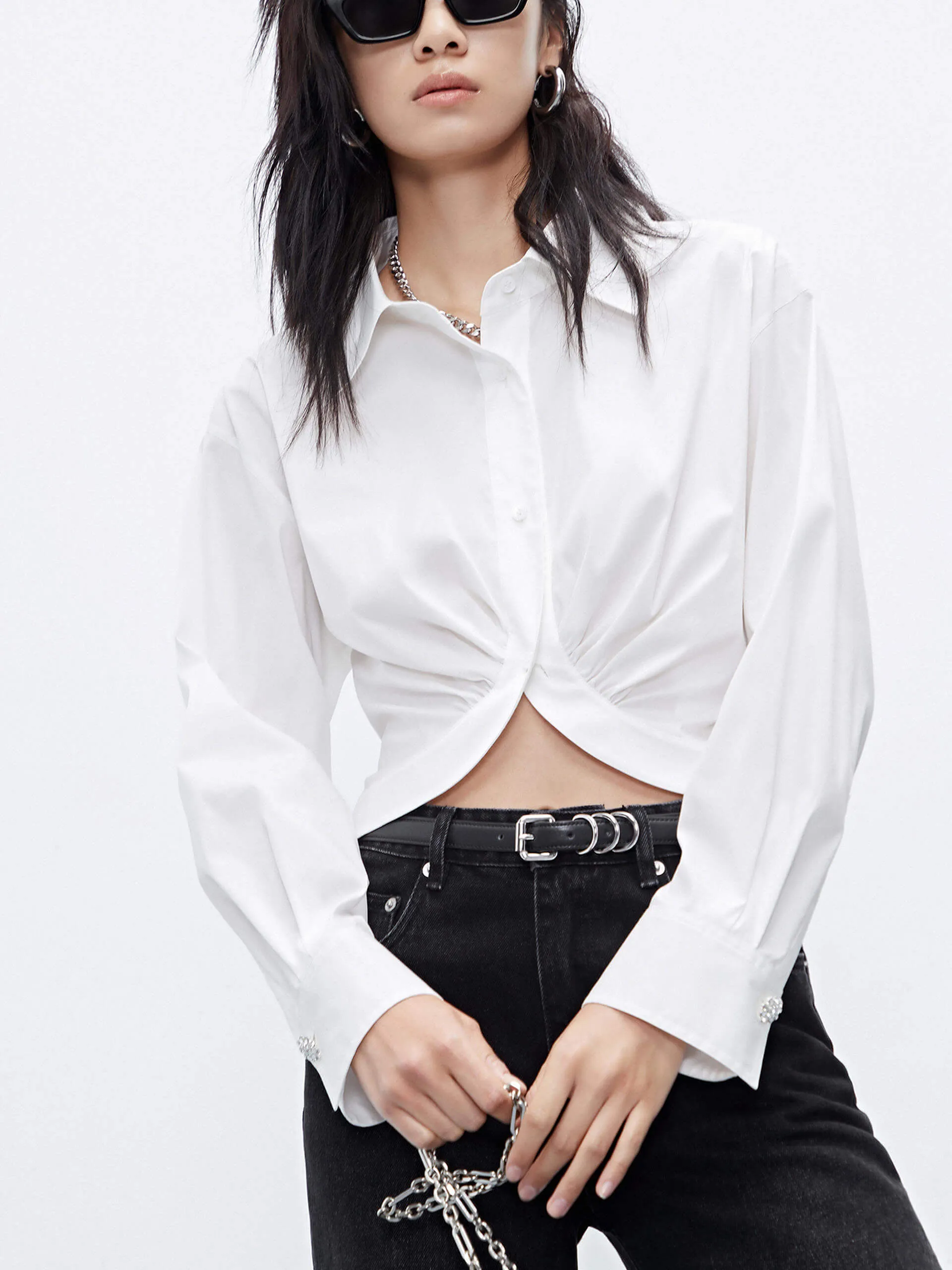 Sustainable Weave Fashionable Layer Cropped Cotton Blend Shirt