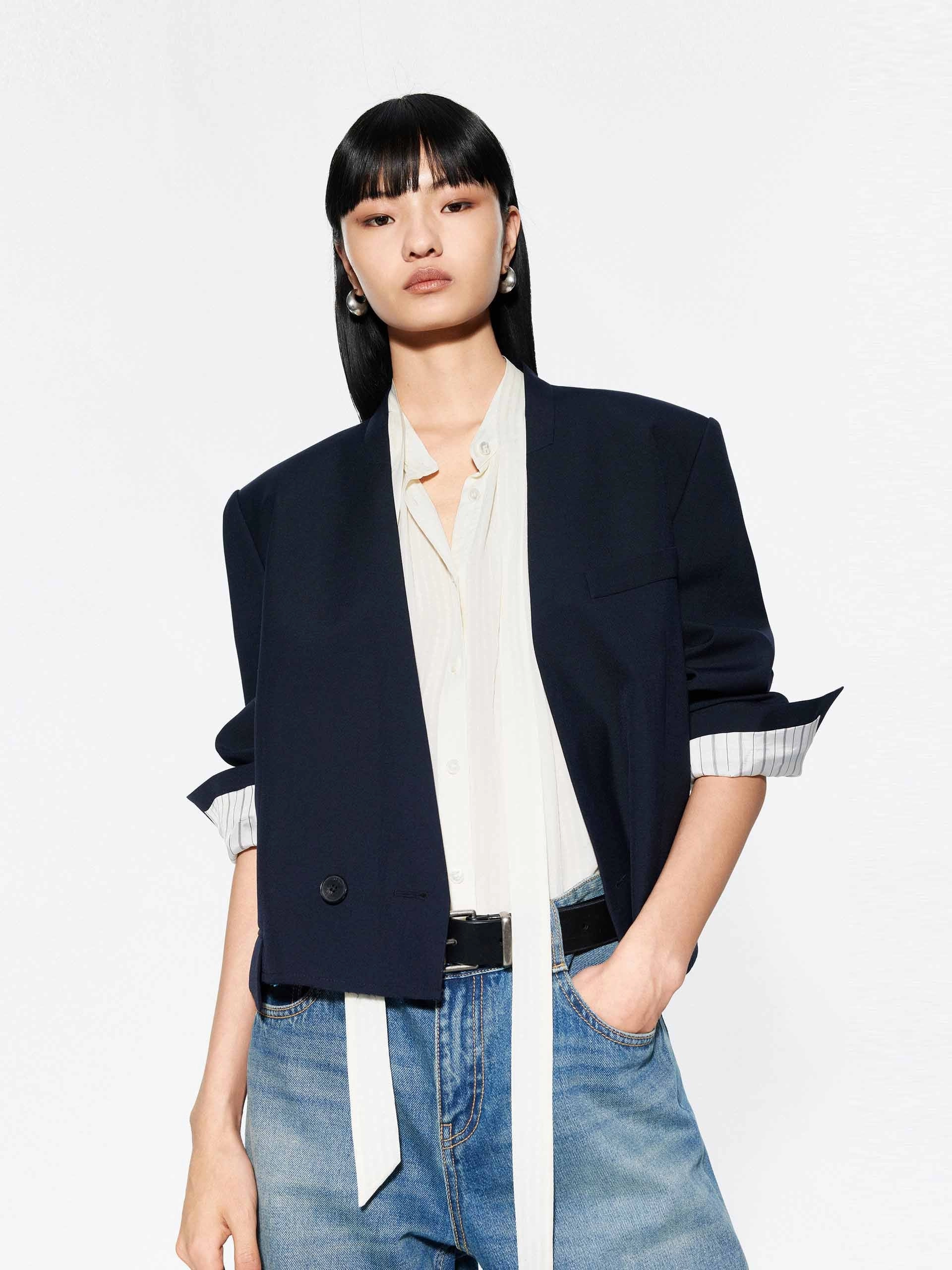 Cropped Collarless Blazer Formal Style Cozy Comfort
