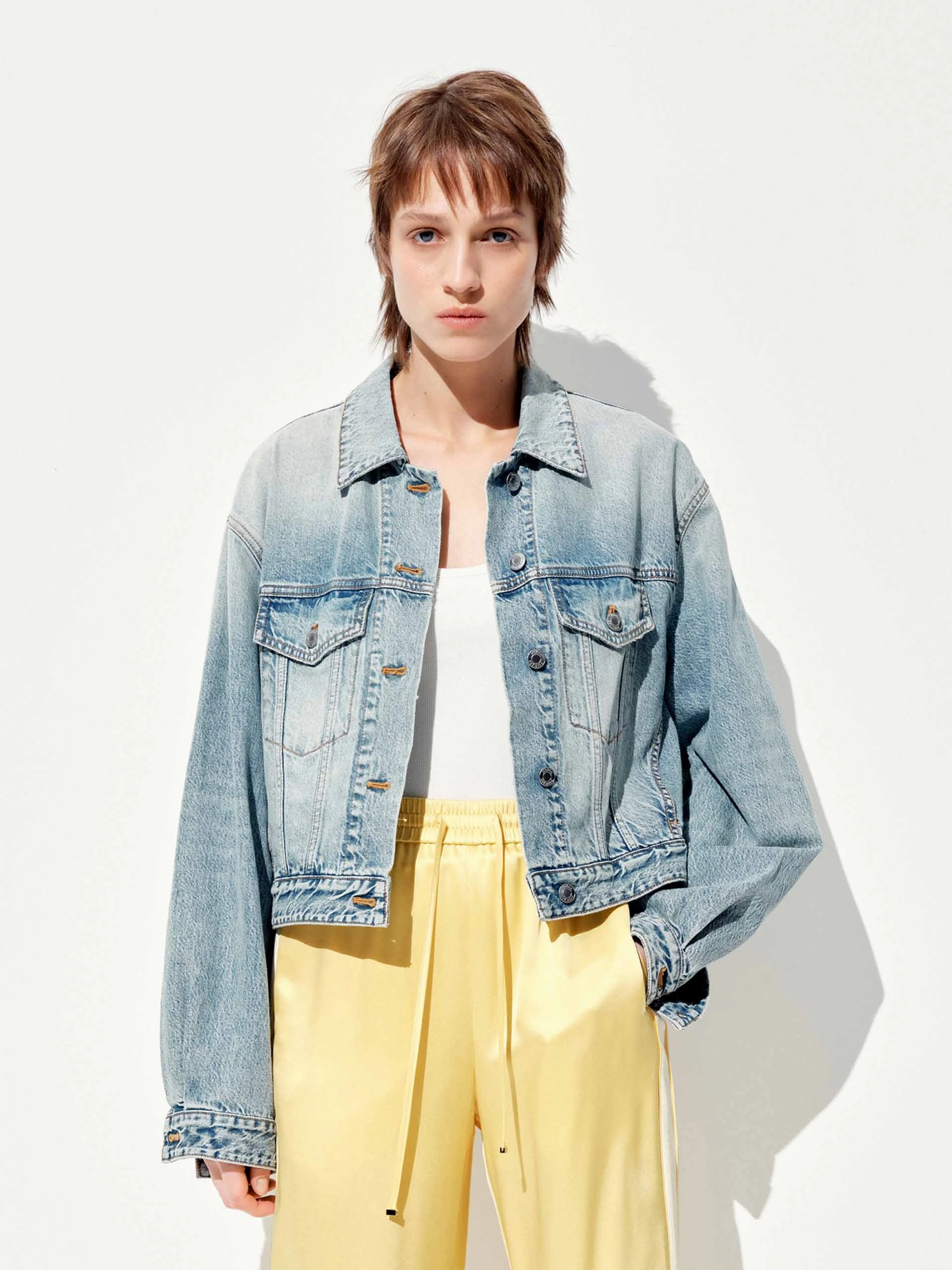 Cropped Cotton Denim Jacket Light Travel Piece Laser Cut Vents