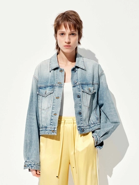 Cropped Cotton Denim Jacket Smooth Zipper Track hypoallergenic material