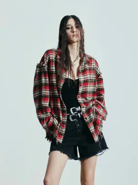 Crystal Detail Plaid Shirt Hidden Button Placket Durable Texture