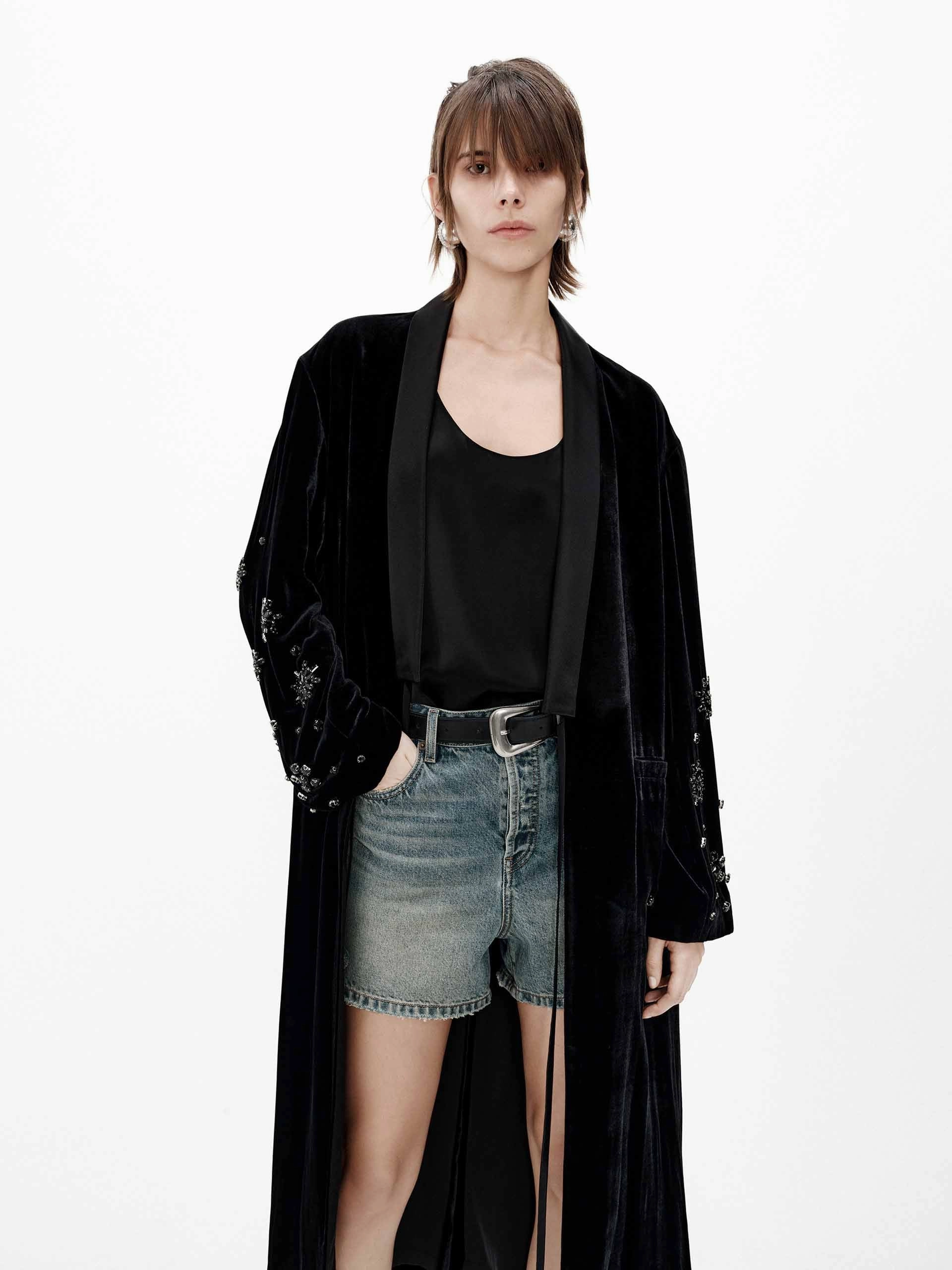 Noise Reduced Fabric All Year Crystal Detail Velvet Coat