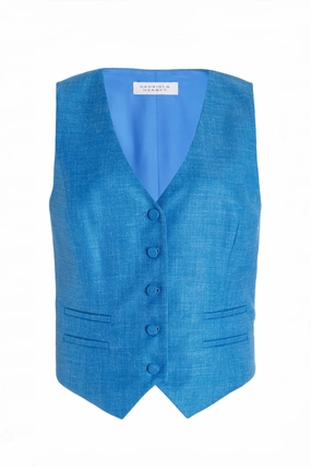 Coleridge Vest in Aventurine Blue Virgin Wool and Silk Linen Twill All-Season Comfort Sophisticated Design
