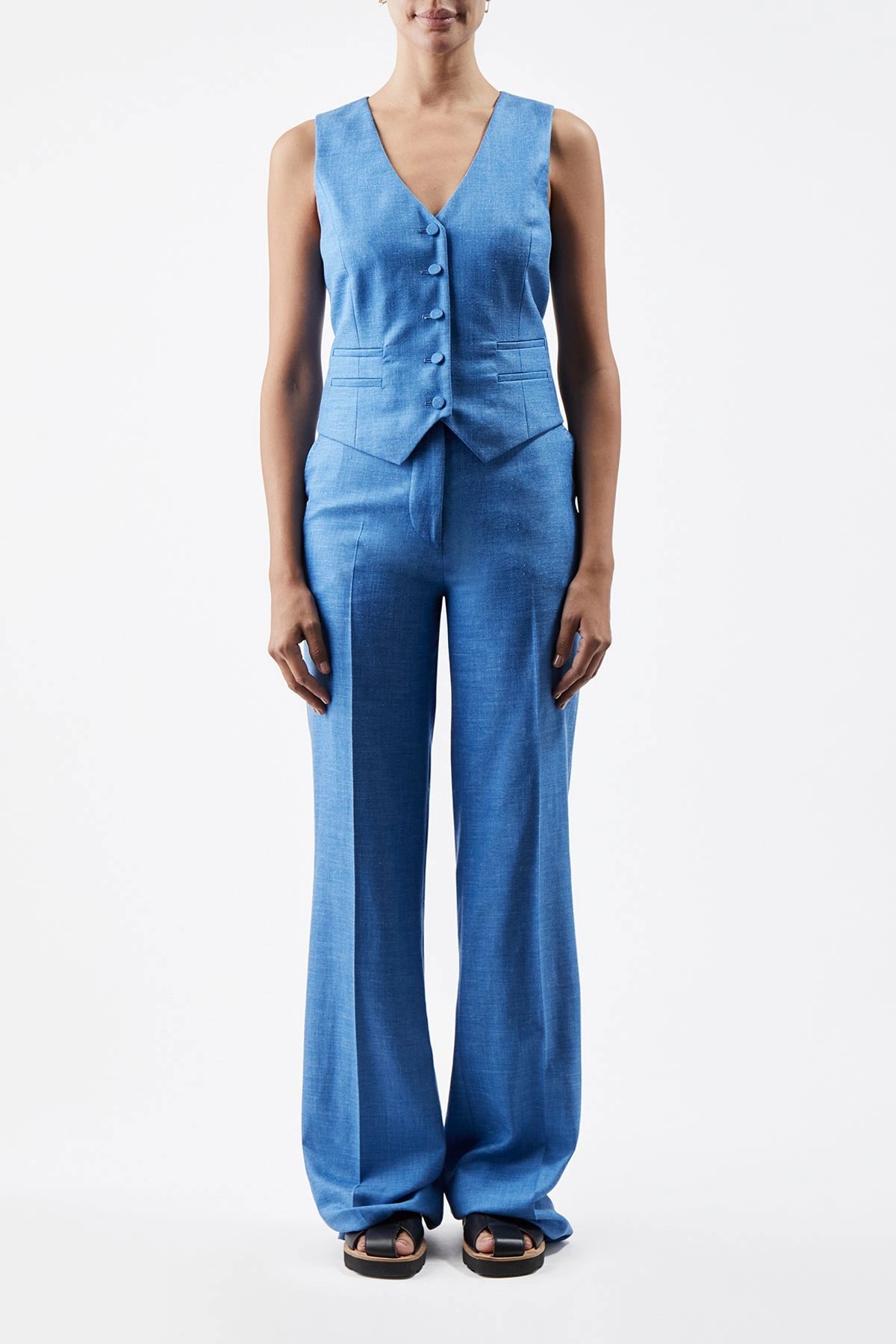 Refined Fashion Coleridge Vest in Aventurine Blue Virgin Wool and Silk Linen Twill