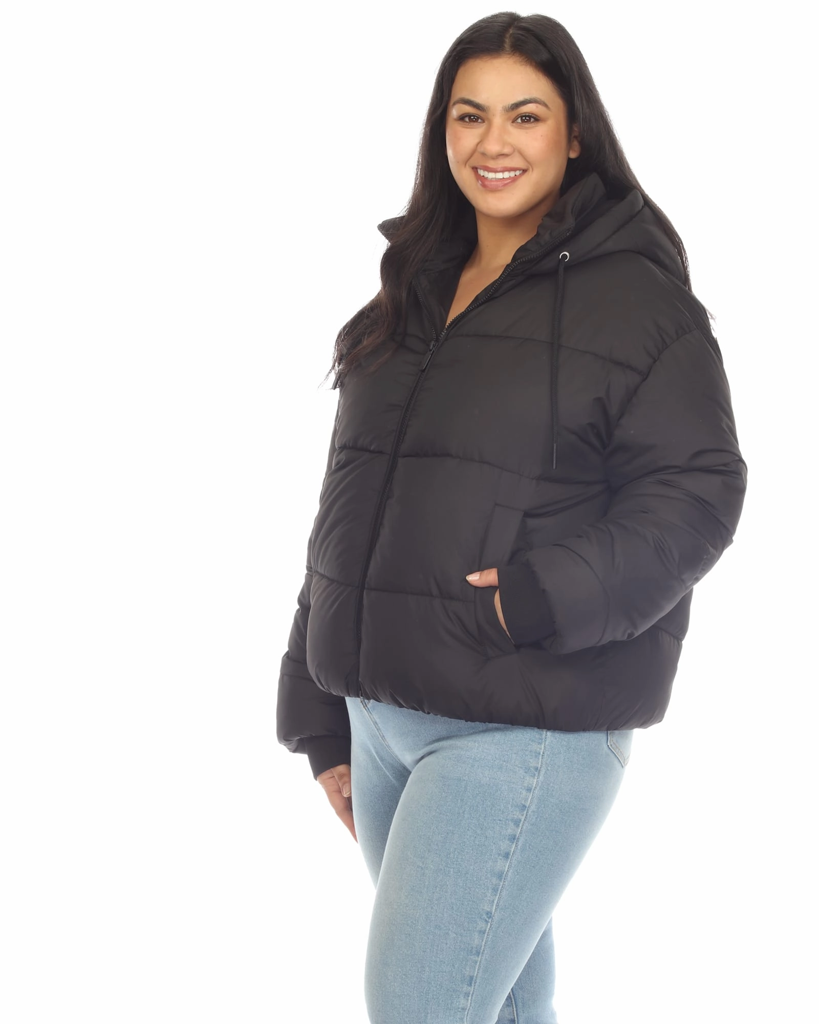 Women's Full Front Zip Hooded Bomber Puffer Coat | Black HeatRegulating Express