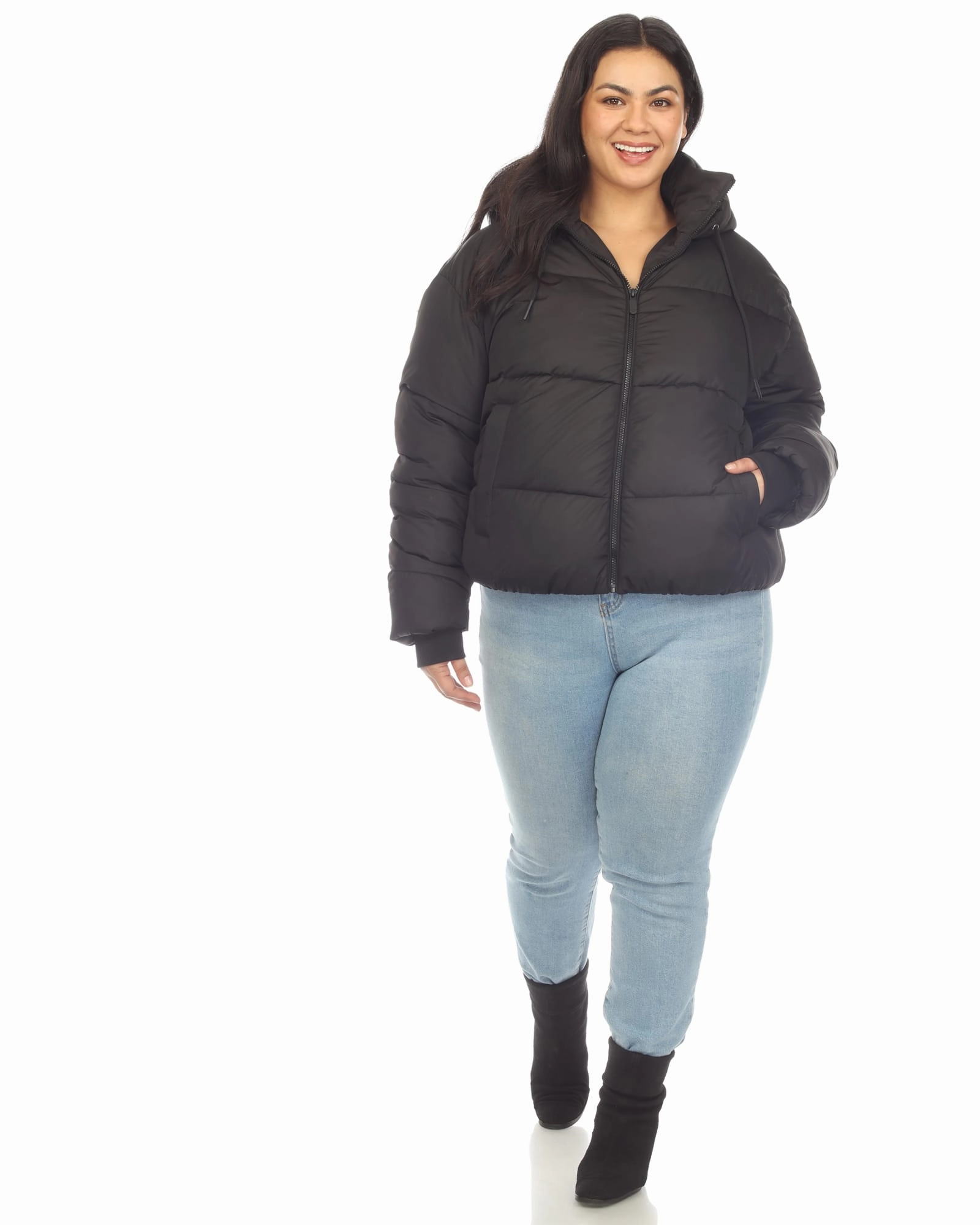 Tailored Silhouette Women's Full Front Zip Hooded Bomber Puffer Coat | Black