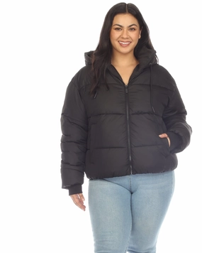 Women's Full Front Zip Hooded Bomber Puffer Coat | Black Breathable Shield Subtle Texture