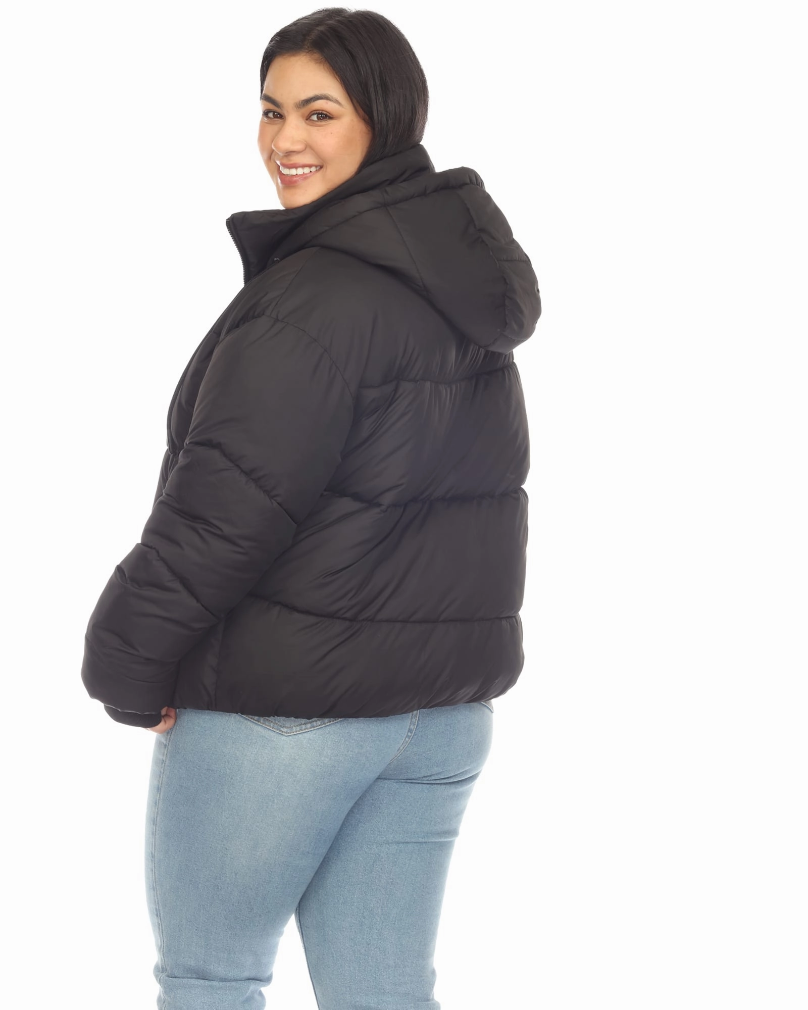 Convertible Collar Style Women's Full Front Zip Hooded Bomber Puffer Coat | Black