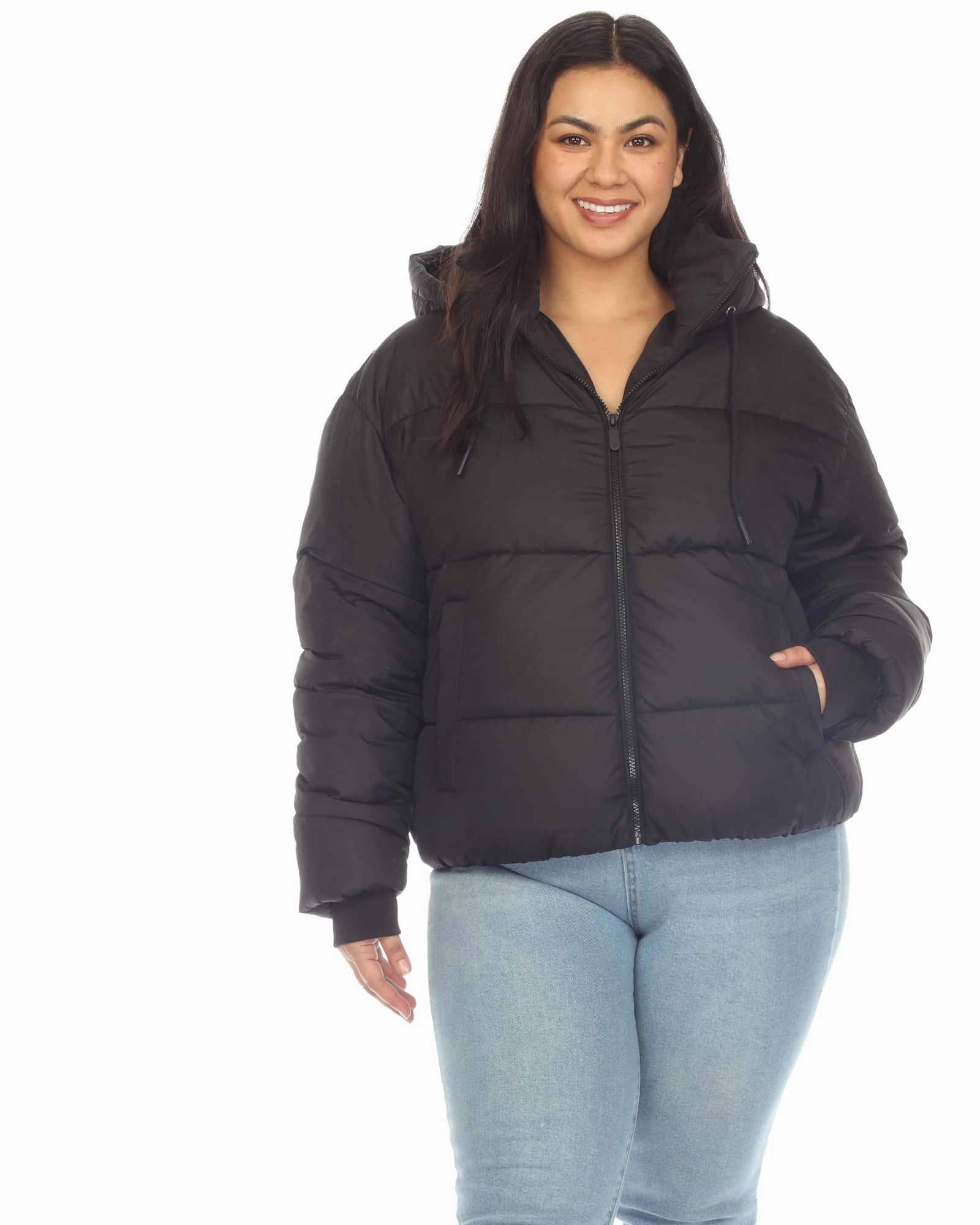 Women's Full Front Zip Hooded Bomber Puffer Coat | Black Breathable Shield Subtle Texture