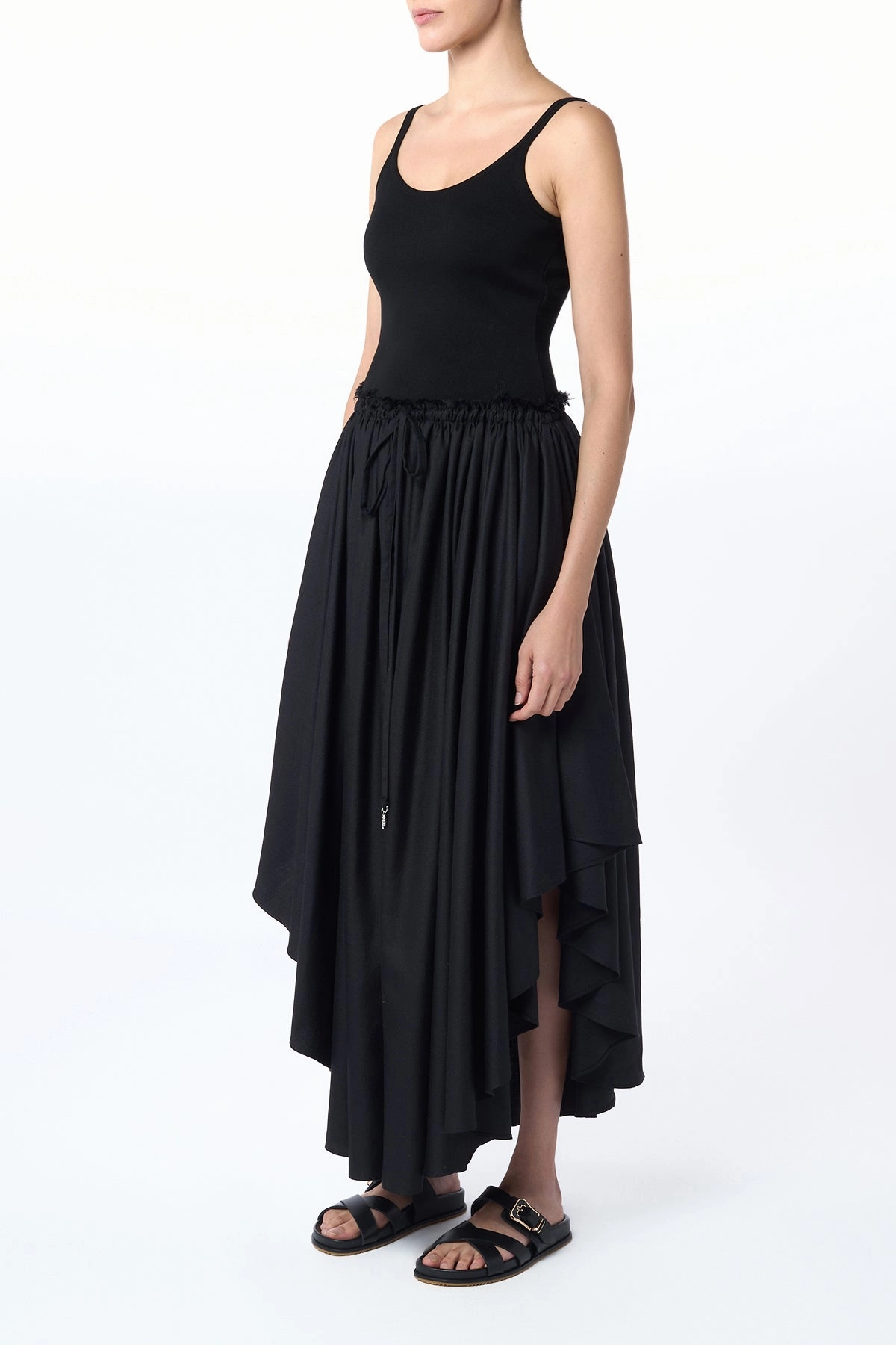 Geometric Print Light Comfort Dea Pleated Maxi Skirt in Black Virgin Wool Silk Linen
