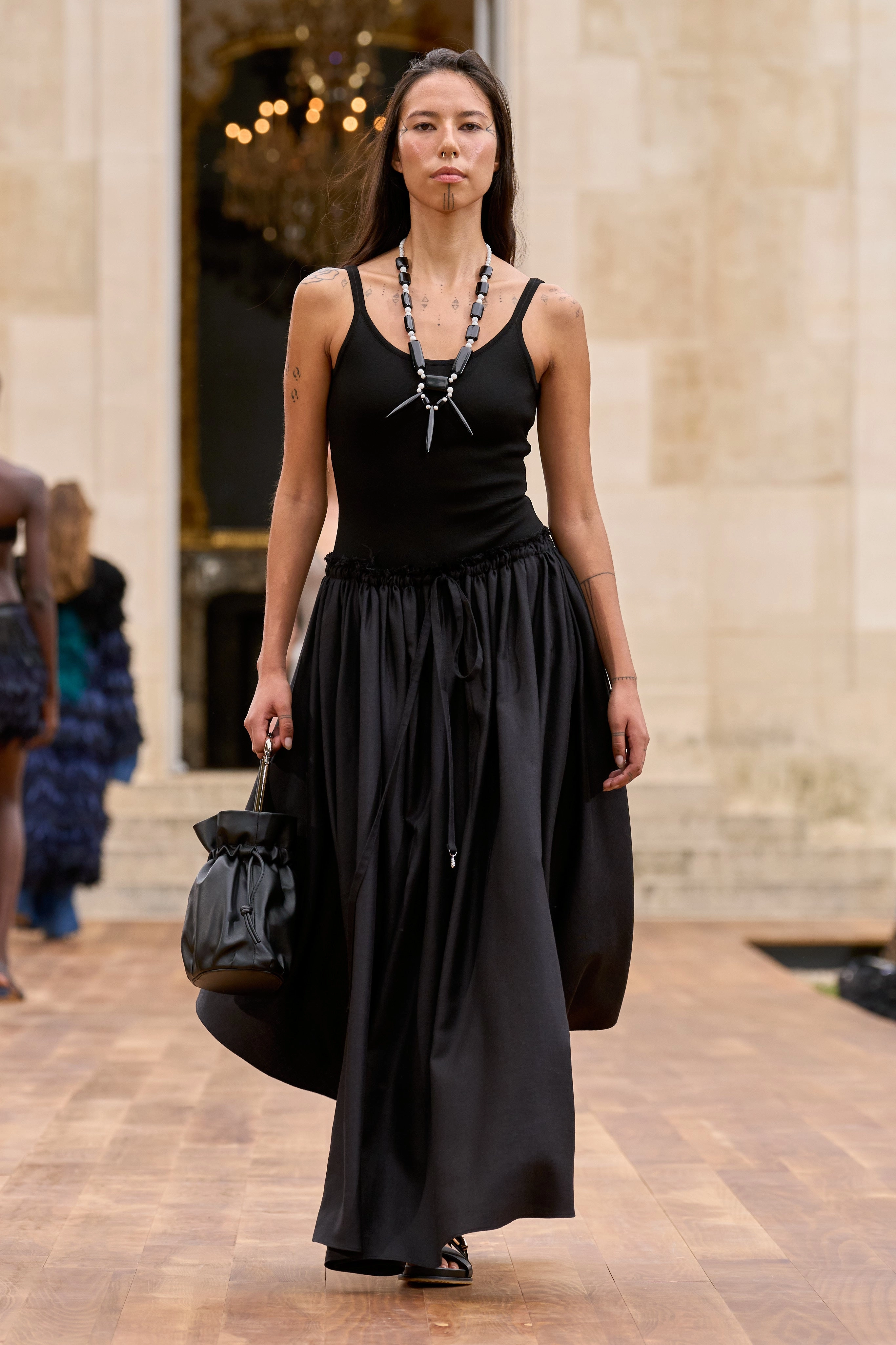 Breathable Material Dea Pleated Maxi Skirt in Black Virgin Wool Silk Linen