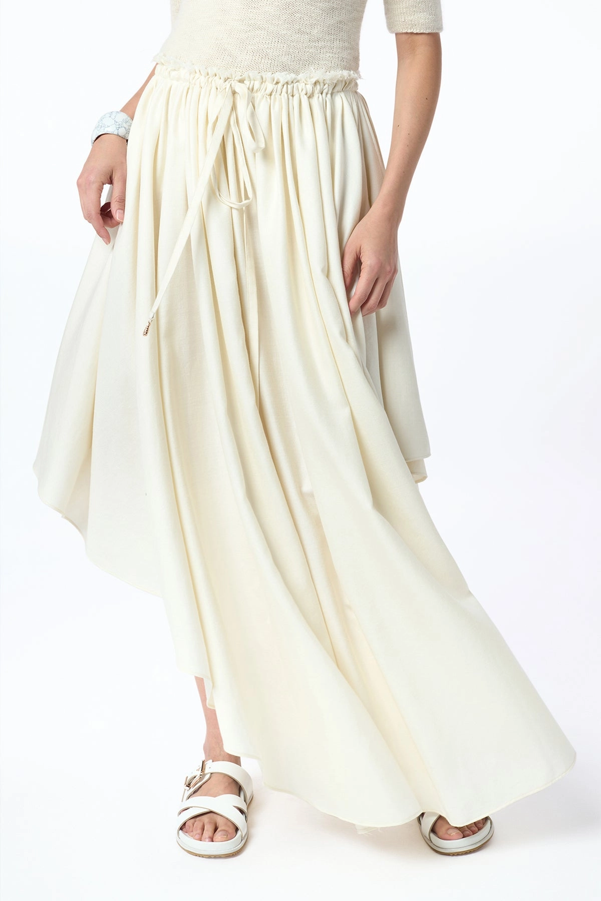Dea Pleated Maxi Skirt in Ivory Virgin Wool Silk Linen Influencer Style