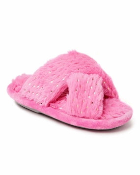 Quick Slip On Textured Surface Dearfoams Kid's Girls Ava Crisscross Fuzzy Sparkle Slide Slipper