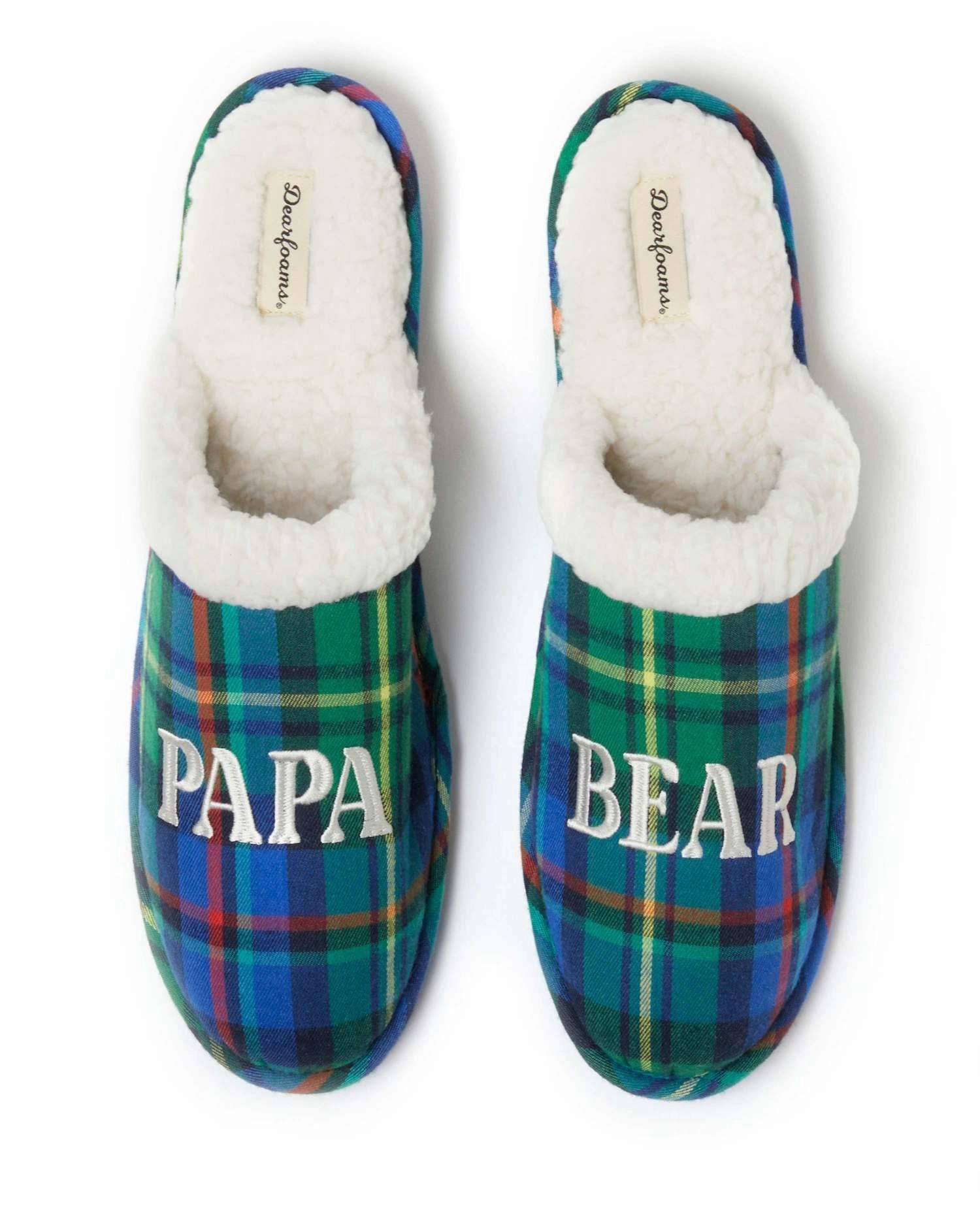Comfortable Fitment Adjustable Straps Dearfoams Men's Papa Bear Plaid Dad Scuff Slipper