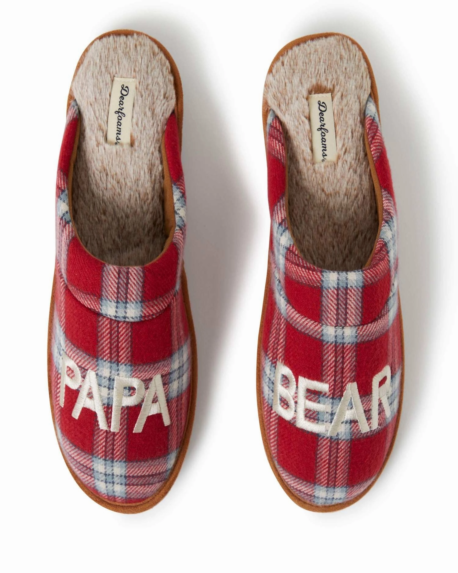 Dearfoams Men's Papa Bear Red Plaid Dad Scuff Slipper Moisture Wicking Liner Anti   Wear