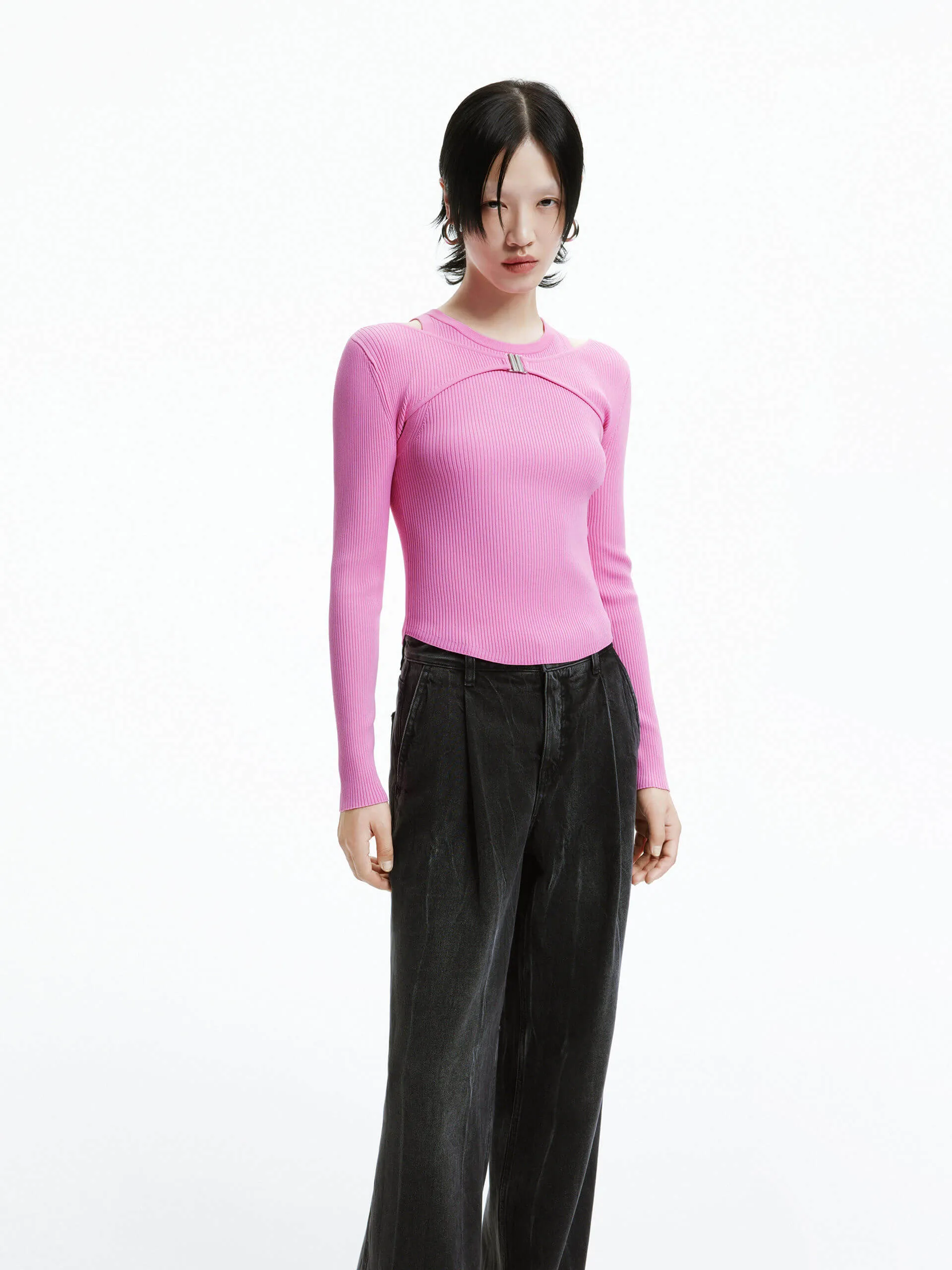 Cozy Fabric Quick Dry Weave Deconstruct Ribbed Knit Top