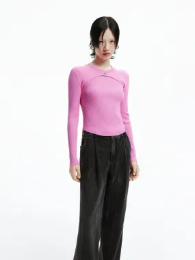 Deconstruct Ribbed Knit Top Yarn Dyed Fabric Everyday Wear