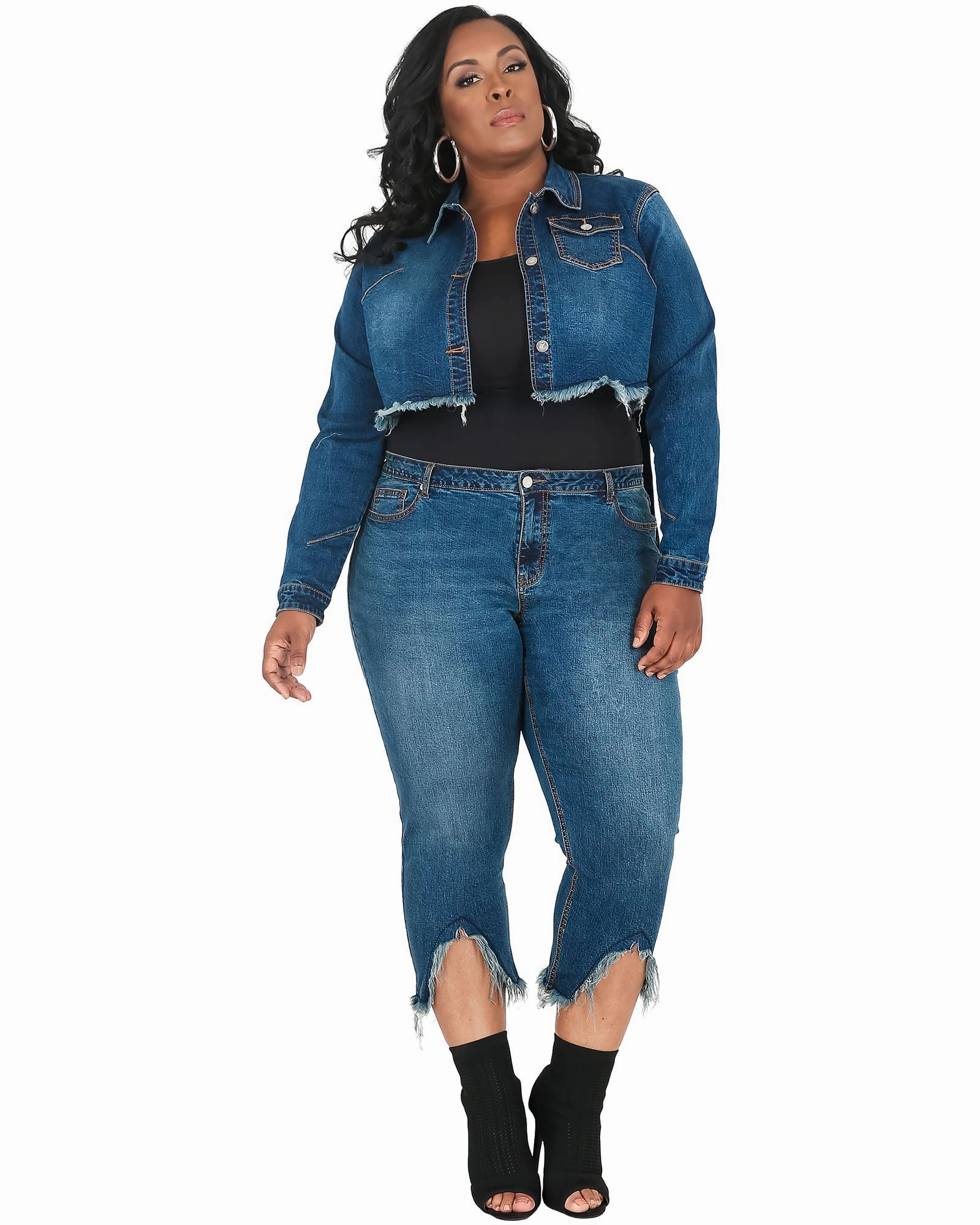 Empathy Unique Piece Deena Frayed Hem Cropped Denim Jacket | Blue