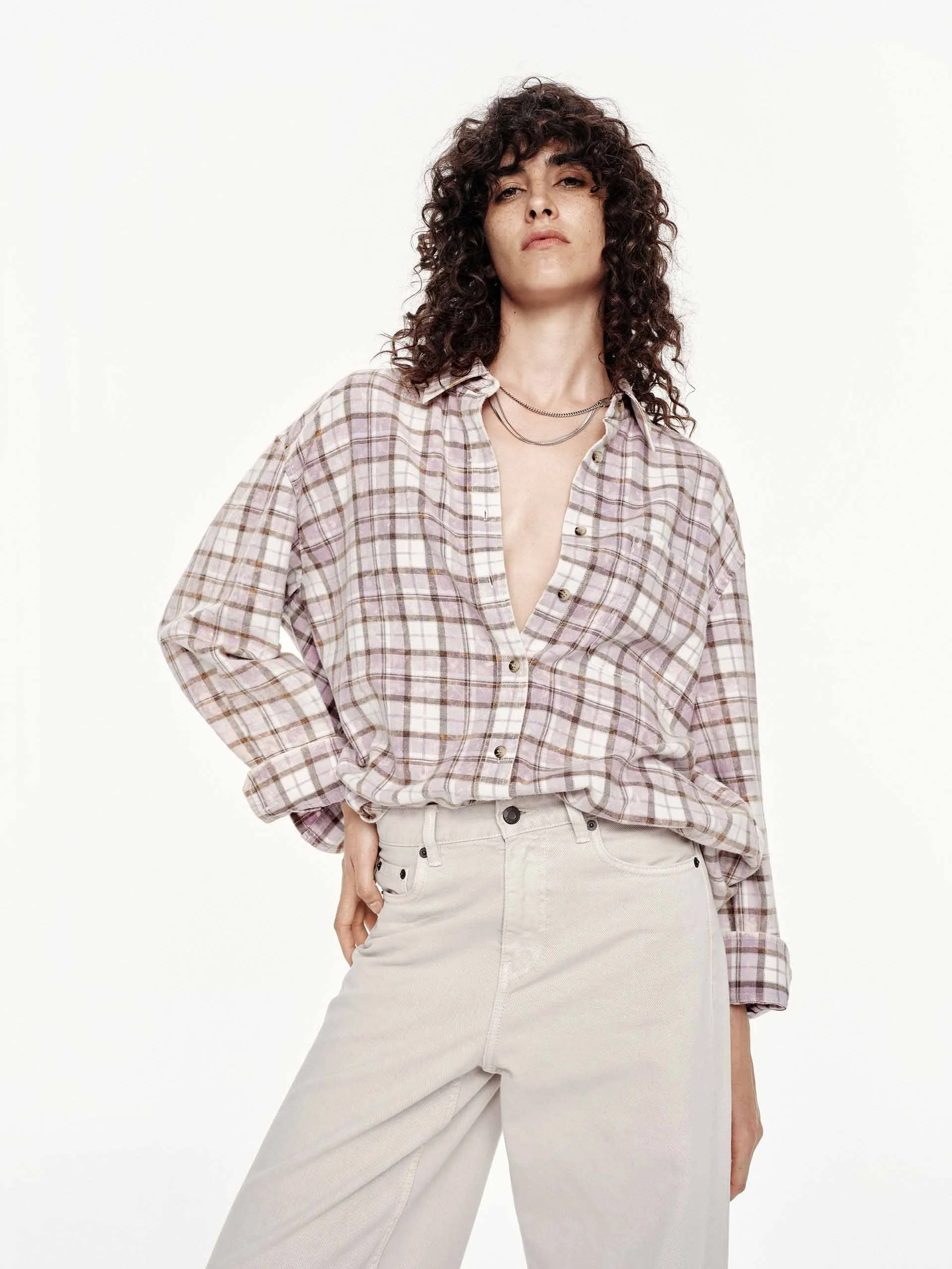 Distressed Cotton Plaid Shirt Sleek Style V-Neck