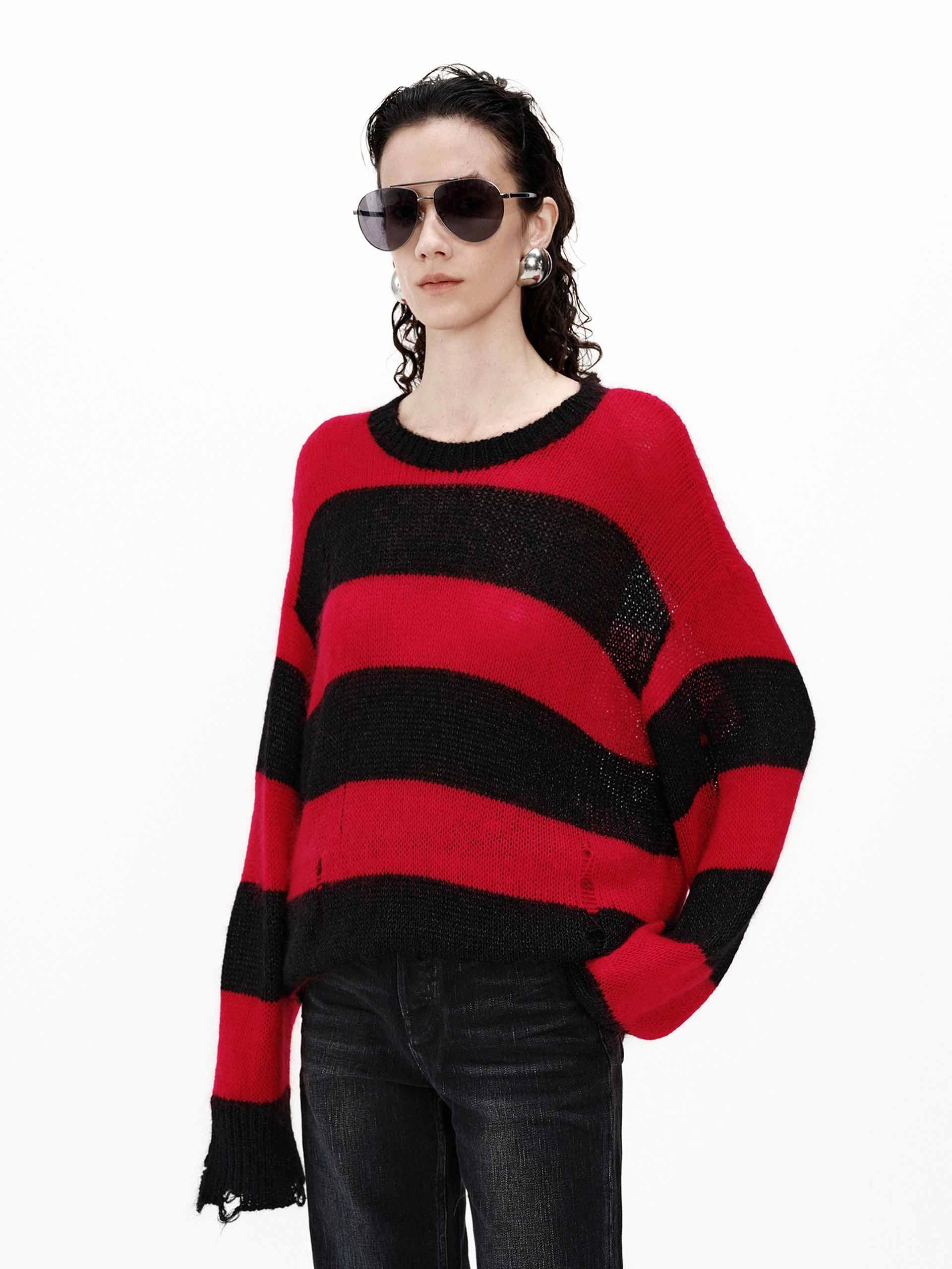 Distressed Stripe Knit Sweater Non Static Fiber Tech Winter Ready Wear