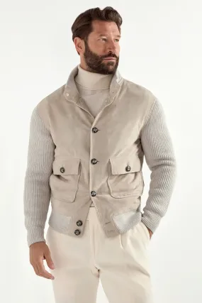 Convertible Collar Design Beige suede and knit bomber - Made in Italy