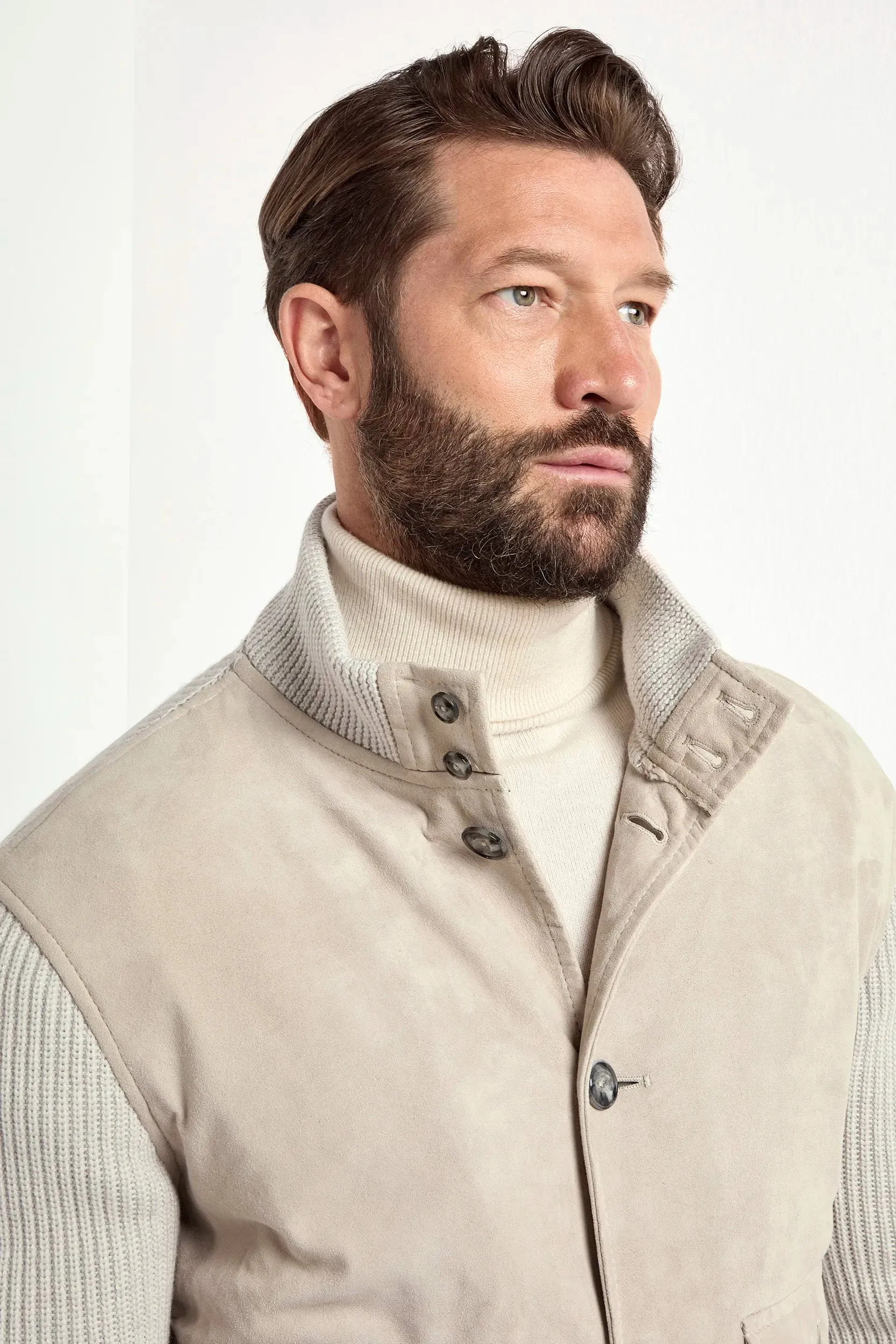 Contoured Silhouette Beige suede and knit bomber - Made in Italy