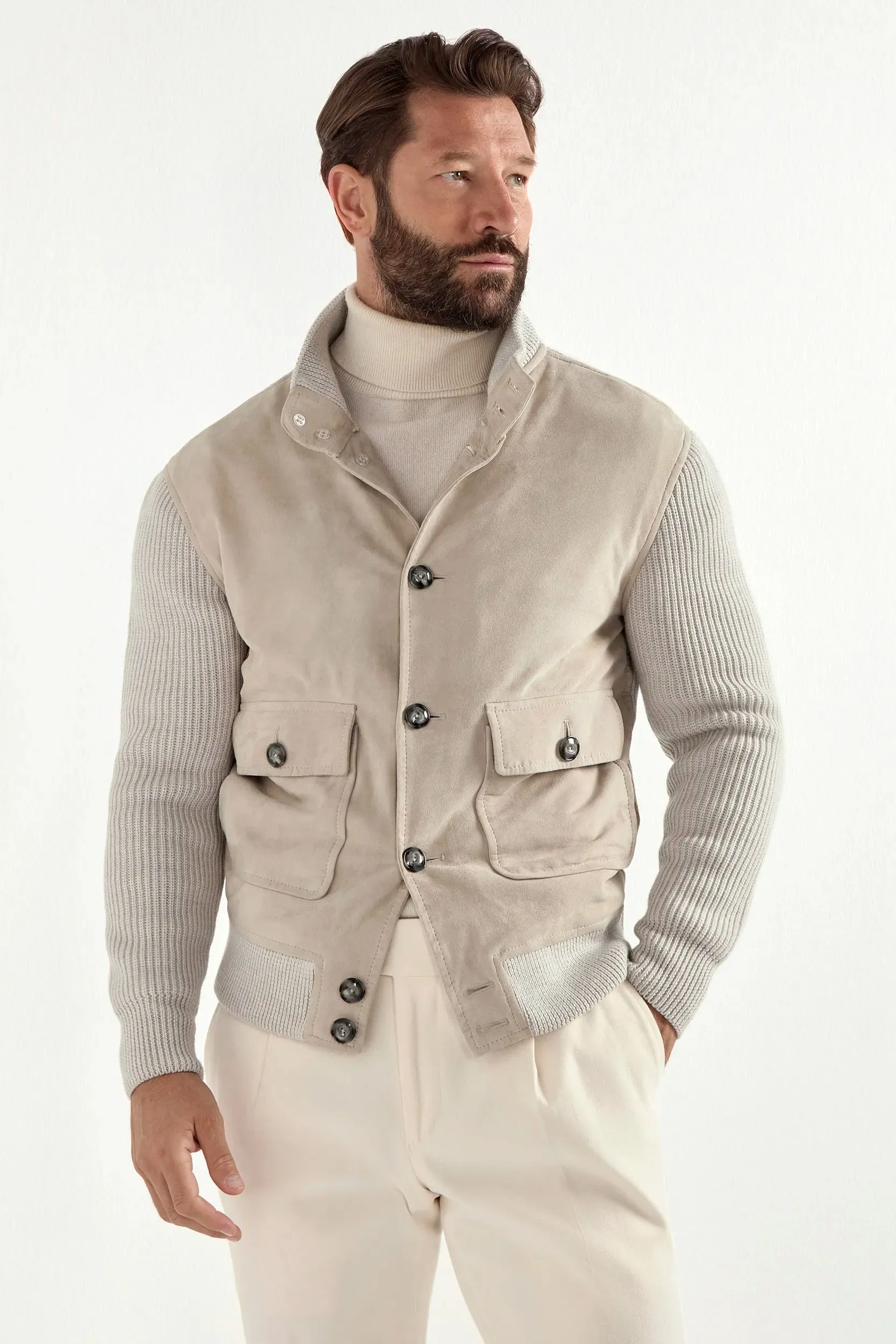Convertible Collar Design Beige suede and knit bomber - Made in Italy