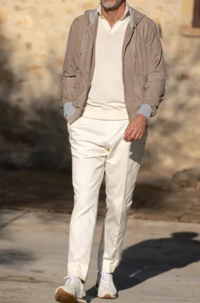 elastic waistband Taupe suede hooded bomber jacket ?C Made in Italy