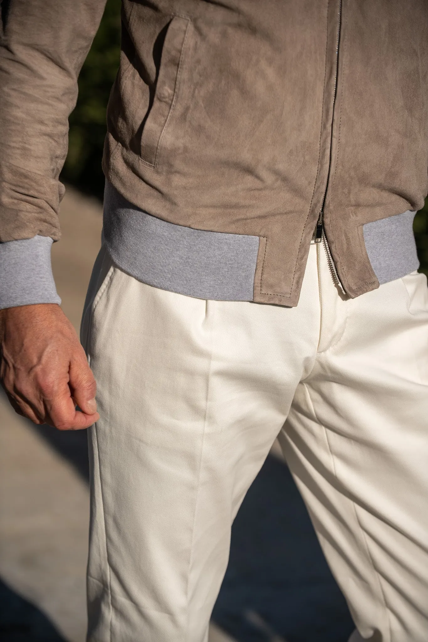 Taupe suede hooded bomber jacket ?C Made in Italy Survival Use Light Reflective