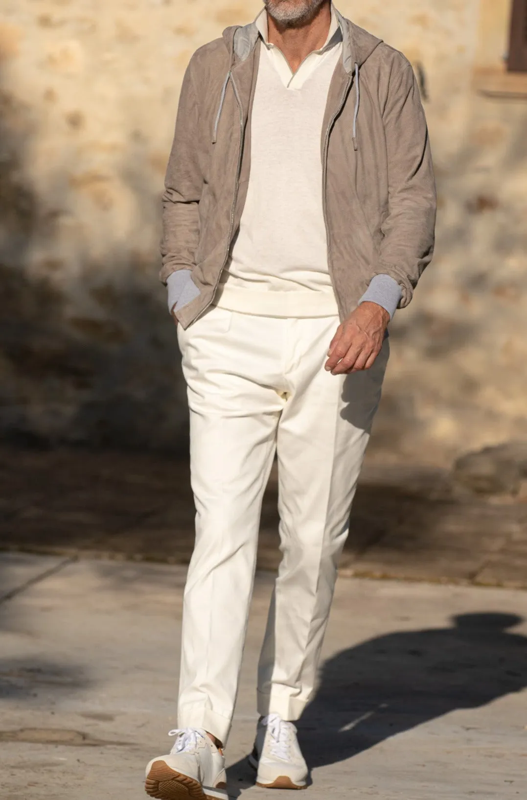 Taped Seam Construction Taupe suede hooded bomber jacket ?C Made in Italy