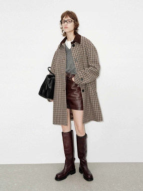 Flatlock stitching Houndstooth Wool Midi Coat
