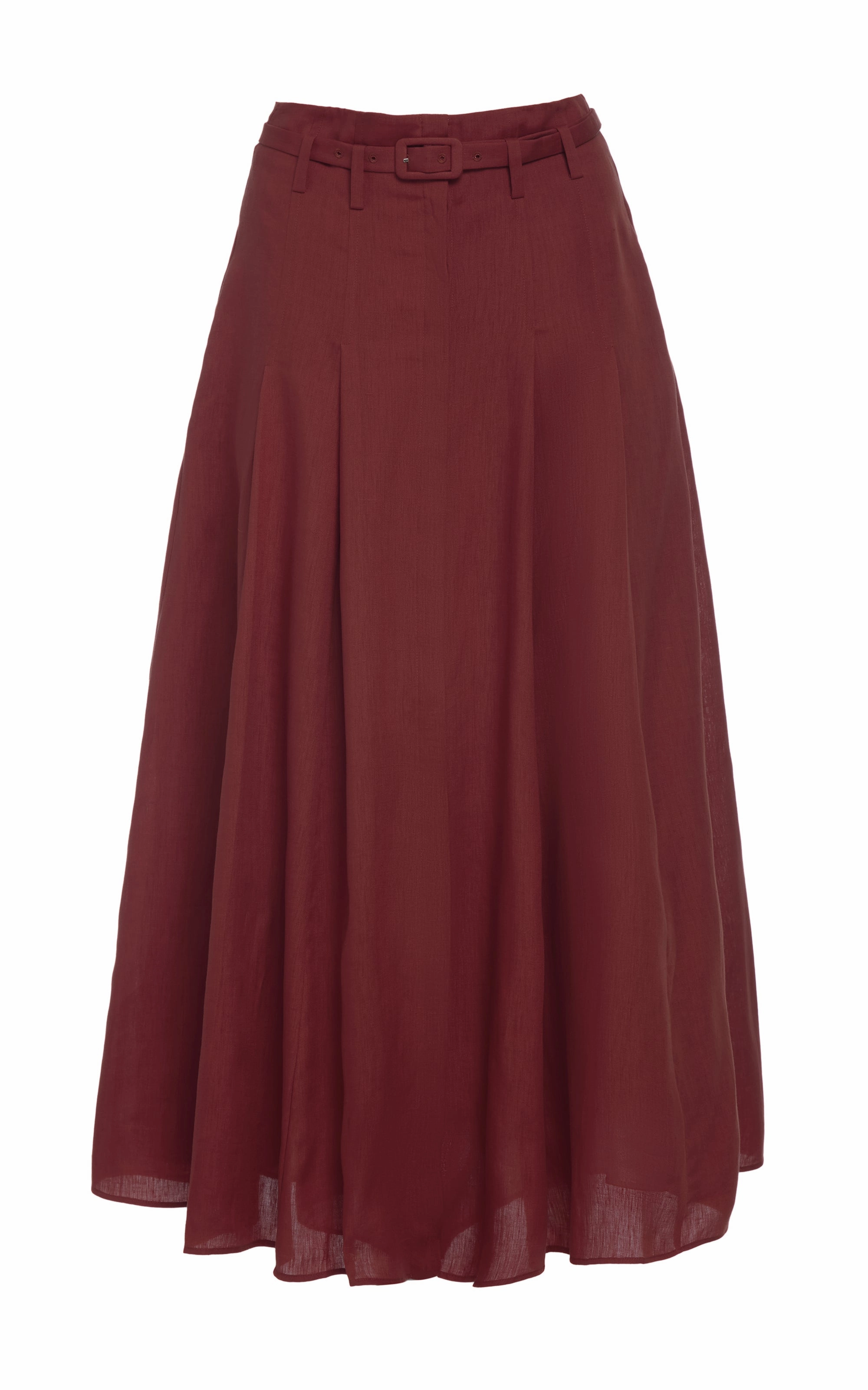 Shirred Back Soft Palette Dugald Pleated Midi Skirt in Burnt Sienna Aloe Linen