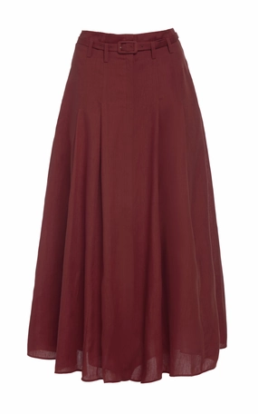Dugald Pleated Midi Skirt in Burnt Sienna Aloe Linen Relaxed Look