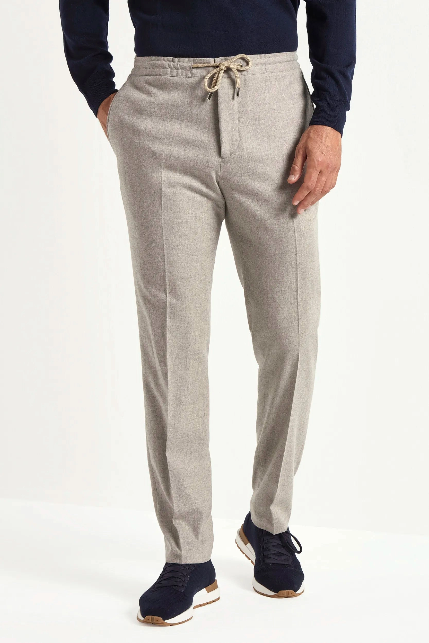 Flattering Design Wear Elastic Free Cuffs Sand flannel Alassio trousers - Made in Italy