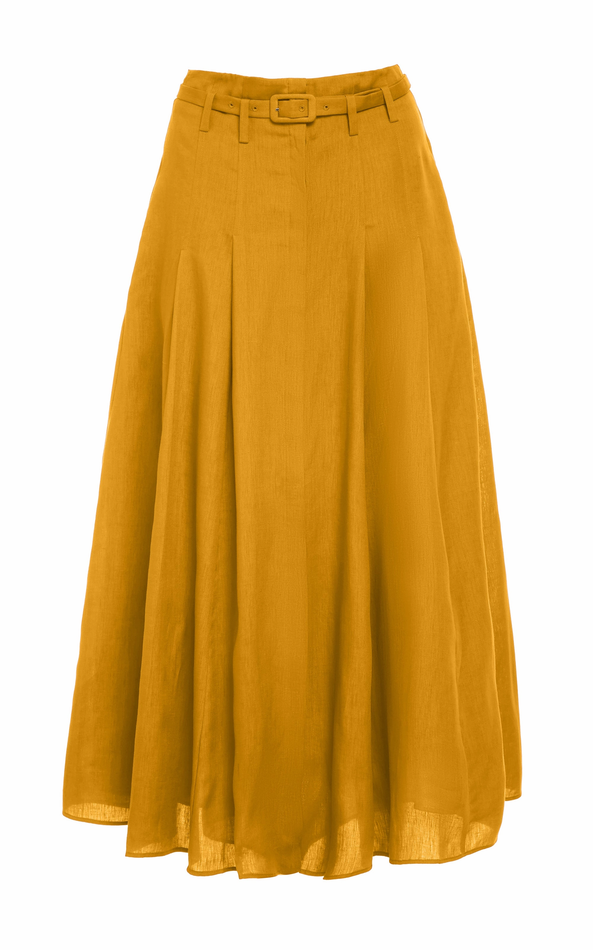 Non Restrictive Fit Sleek Comfort Dugald Pleated Midi Skirt in Golden Birch Aloe Linen