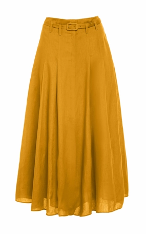 Tonal Layering Tiered Layers Dugald Pleated Midi Skirt in Golden Birch Aloe Linen
