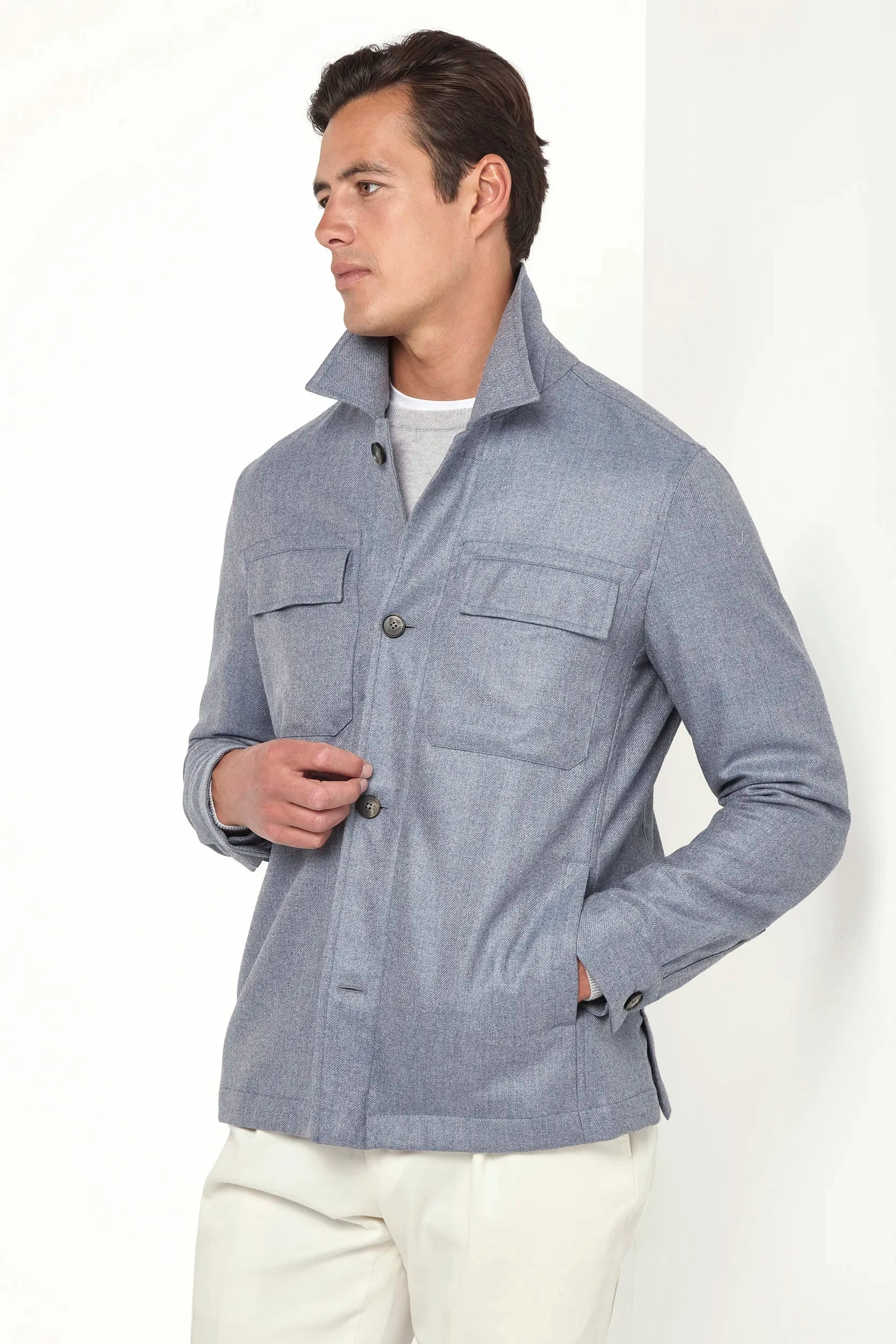fishermen Dusty blue wool and cashmere shirt jacket  - Made in Italy