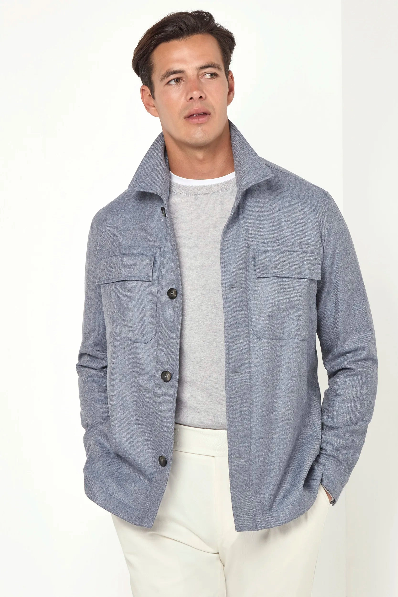 Sporty Protection Dusty blue wool and cashmere shirt jacket  - Made in Italy