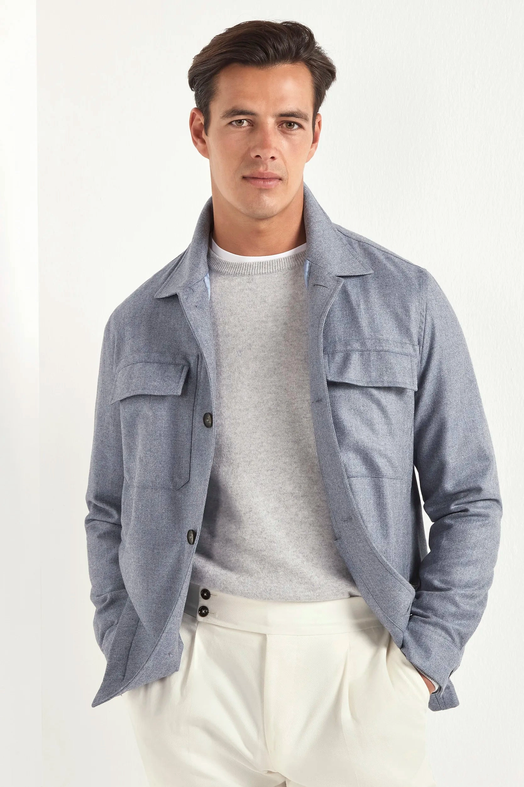 Dusty blue wool and cashmere shirt jacket  - Made in Italy fall season Wind Barrier