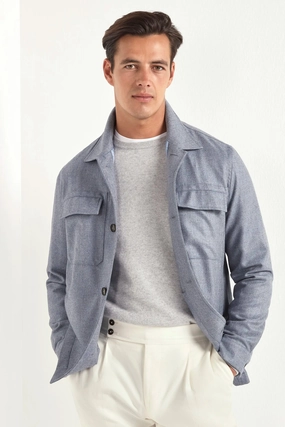 Dusty blue wool and cashmere shirt jacket  - Made in Italy fall season Wind Barrier