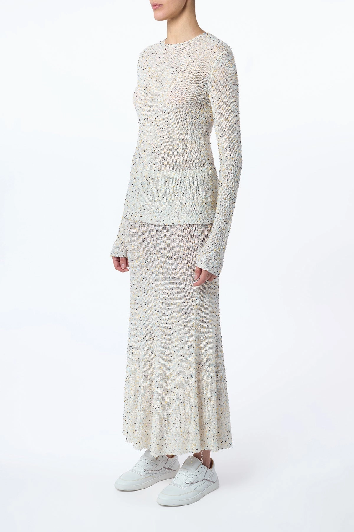 Sabine Knit Maxi Skirt in Ivory Multi Beaded Cashmere Hidden pockets Resort Vacation