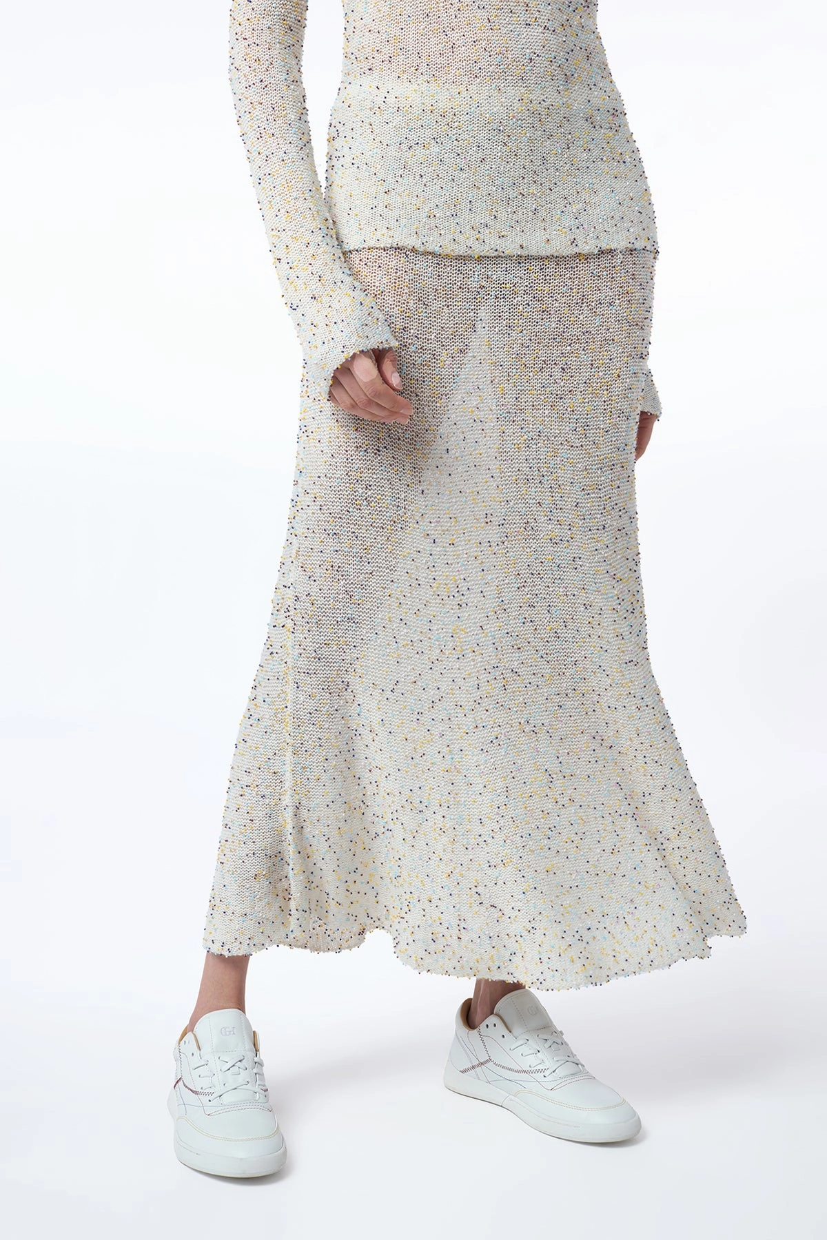 Creative Look Unique Feature Sabine Knit Maxi Skirt in Ivory Multi Beaded Cashmere