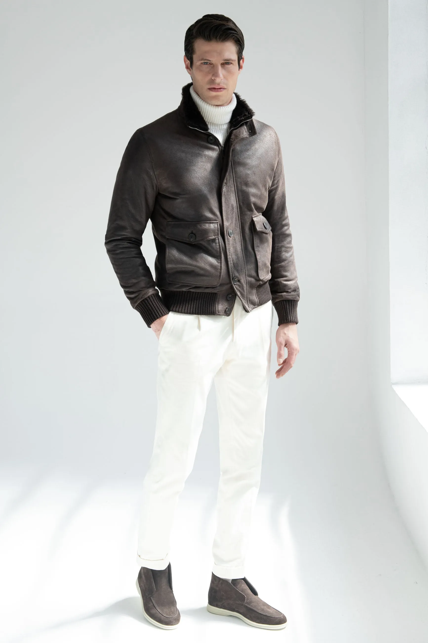 Wool blend Modular Layering Brown leather bomber ?C Made in Italy
