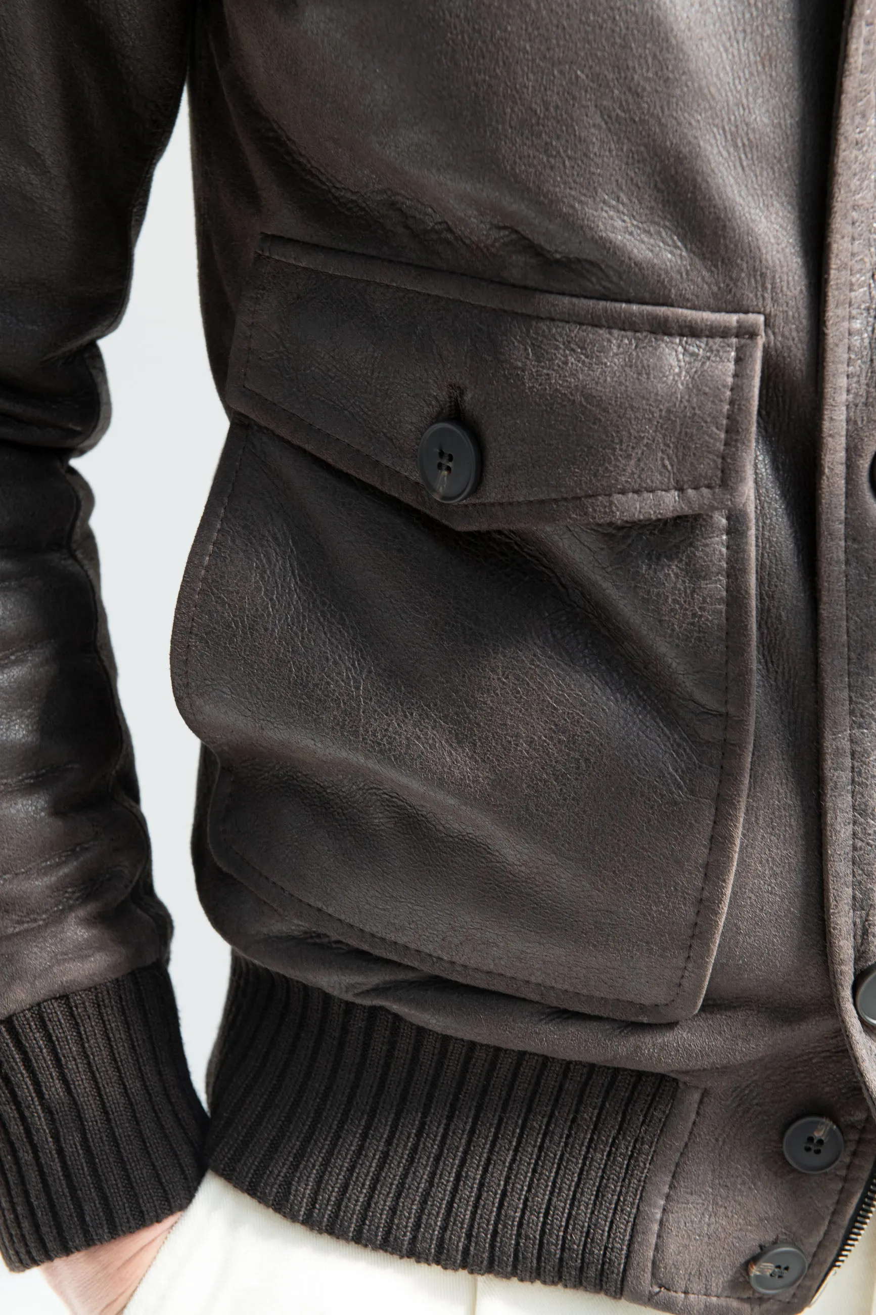 Brown leather bomber ?C Made in Italy Rain Guard Seamless Knit Cuffs