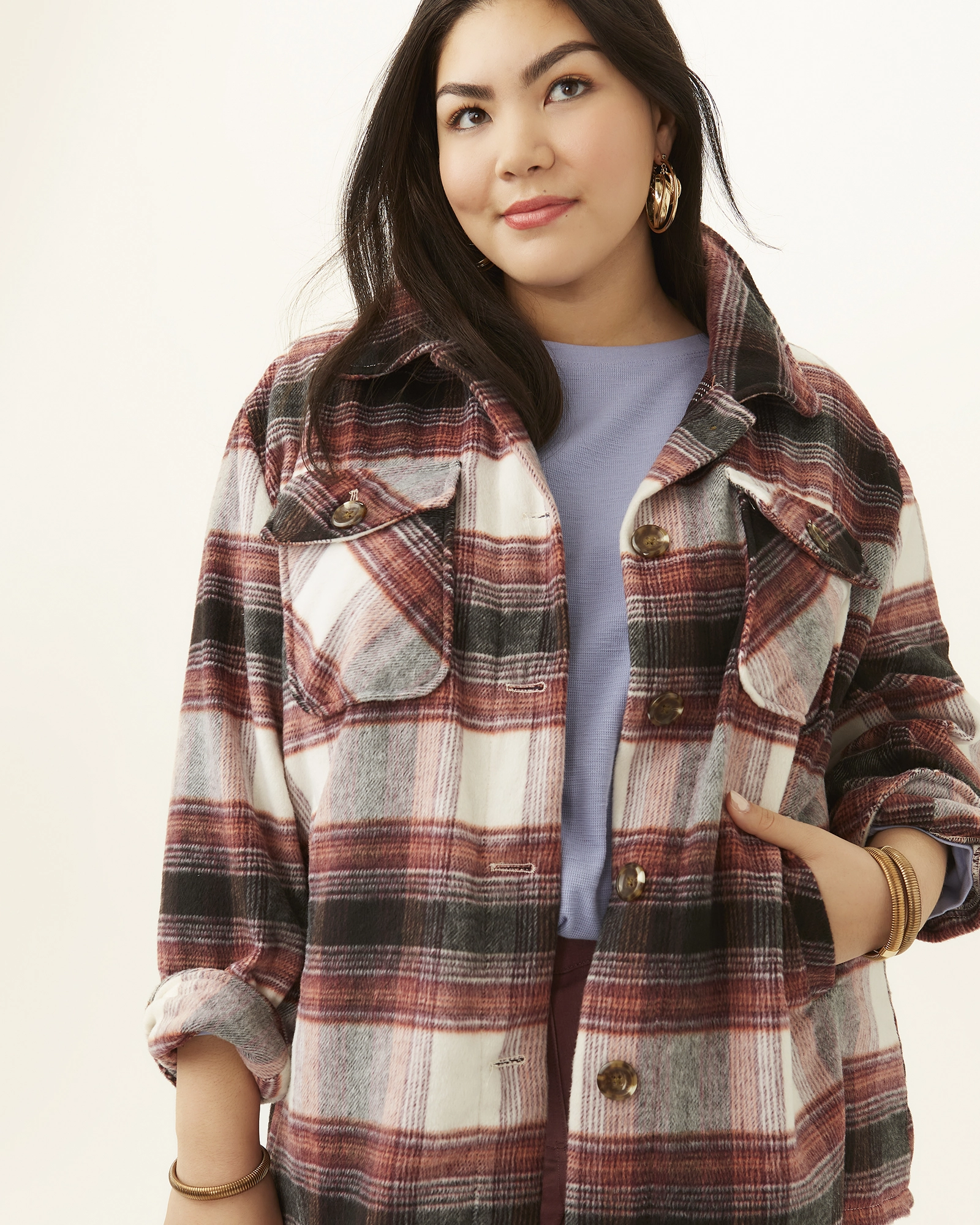 Adult Crysta Plaid Shacket | Burgundy / Charcoal Grey