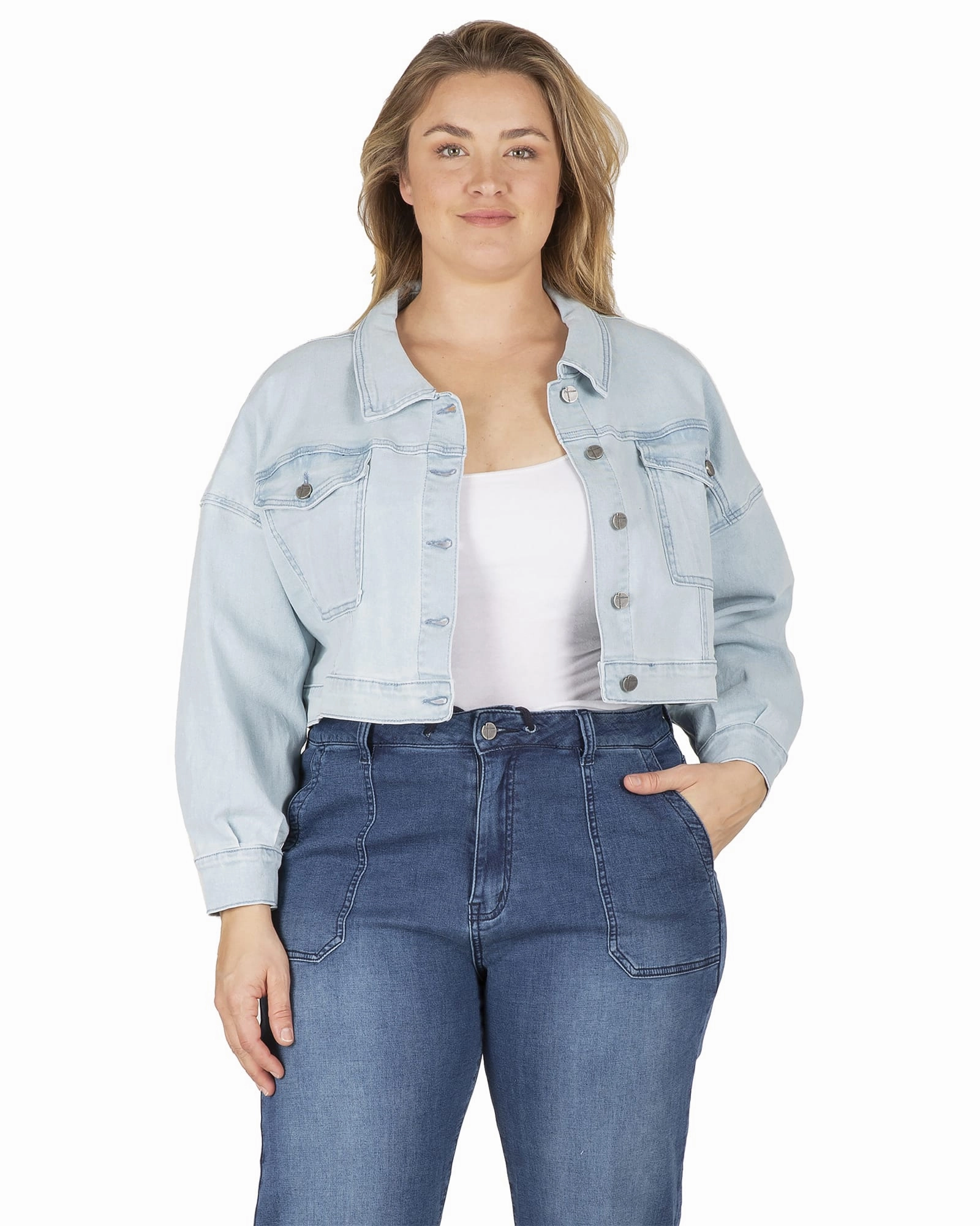 Recycled Polyester Blend Easy Fit Denim Trucker Jacket | Bleach Blue
