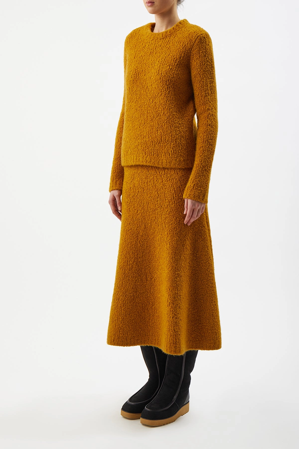 Pablo Knit Midi Skirt in Saffron Cashmere Silk Boucle Minimalist fashion Relaxed Motion
