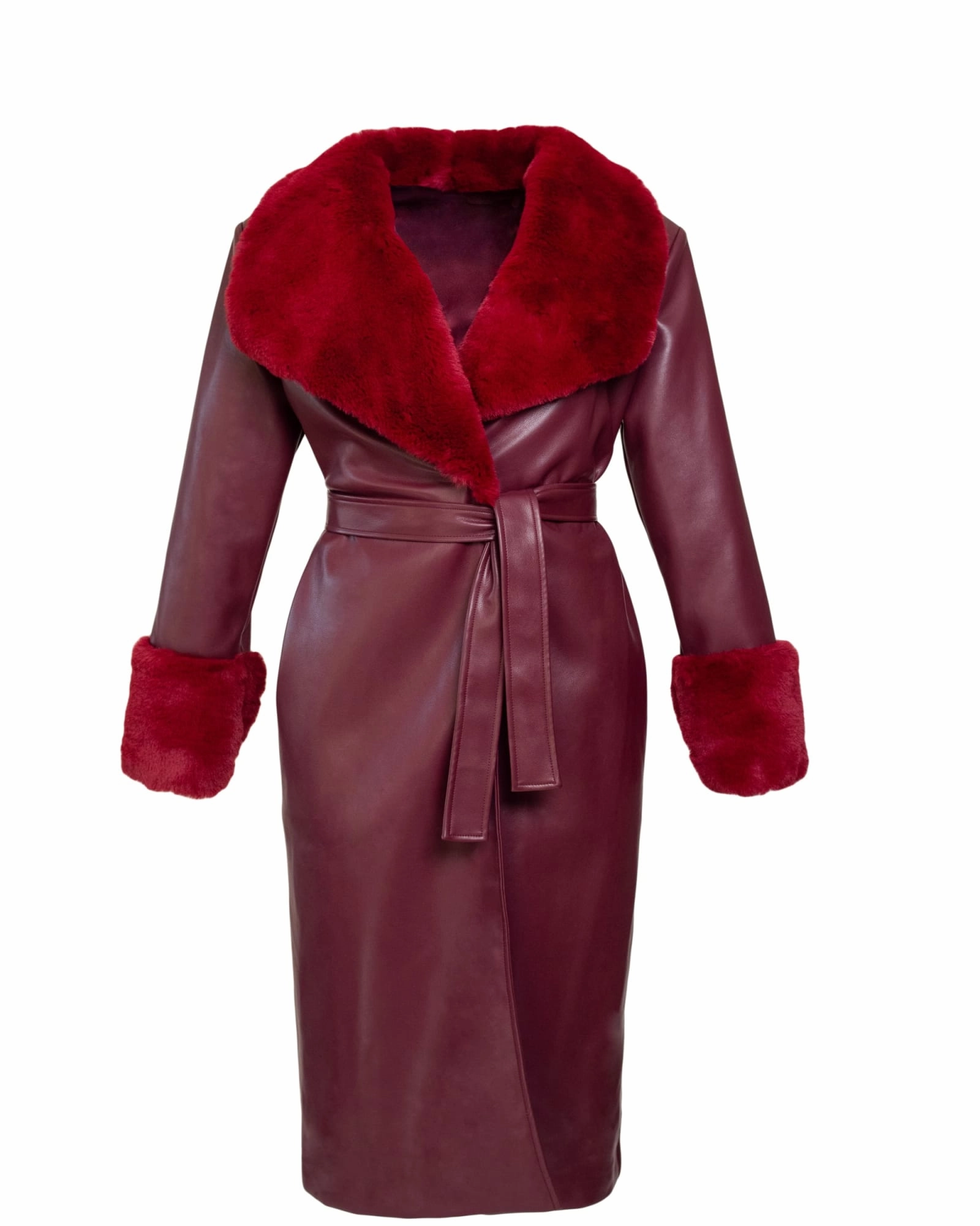 Faux Fur Collar & Leather Wrap Coat | Burgundy Nail-polish mass - produced